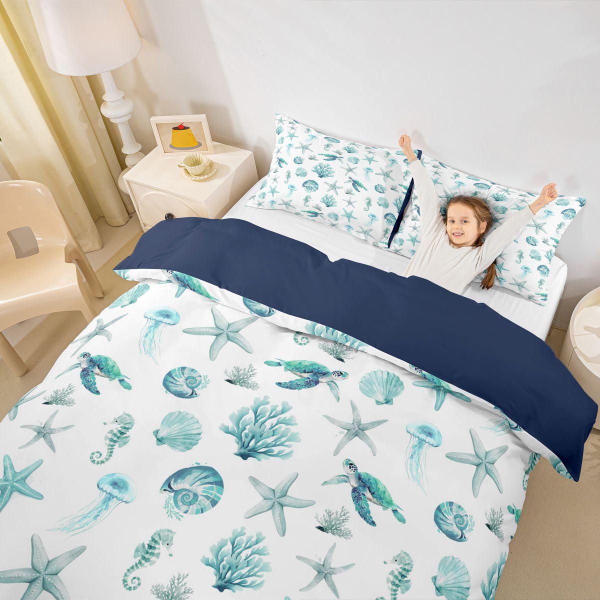 Homewish Set di biancheria da letto per letto super king size con stelle marine, conchiglie e trutoli, decorazione a tema creatura marina, per adulti, adolescenti, donne, foglia di tè, oceano, scena