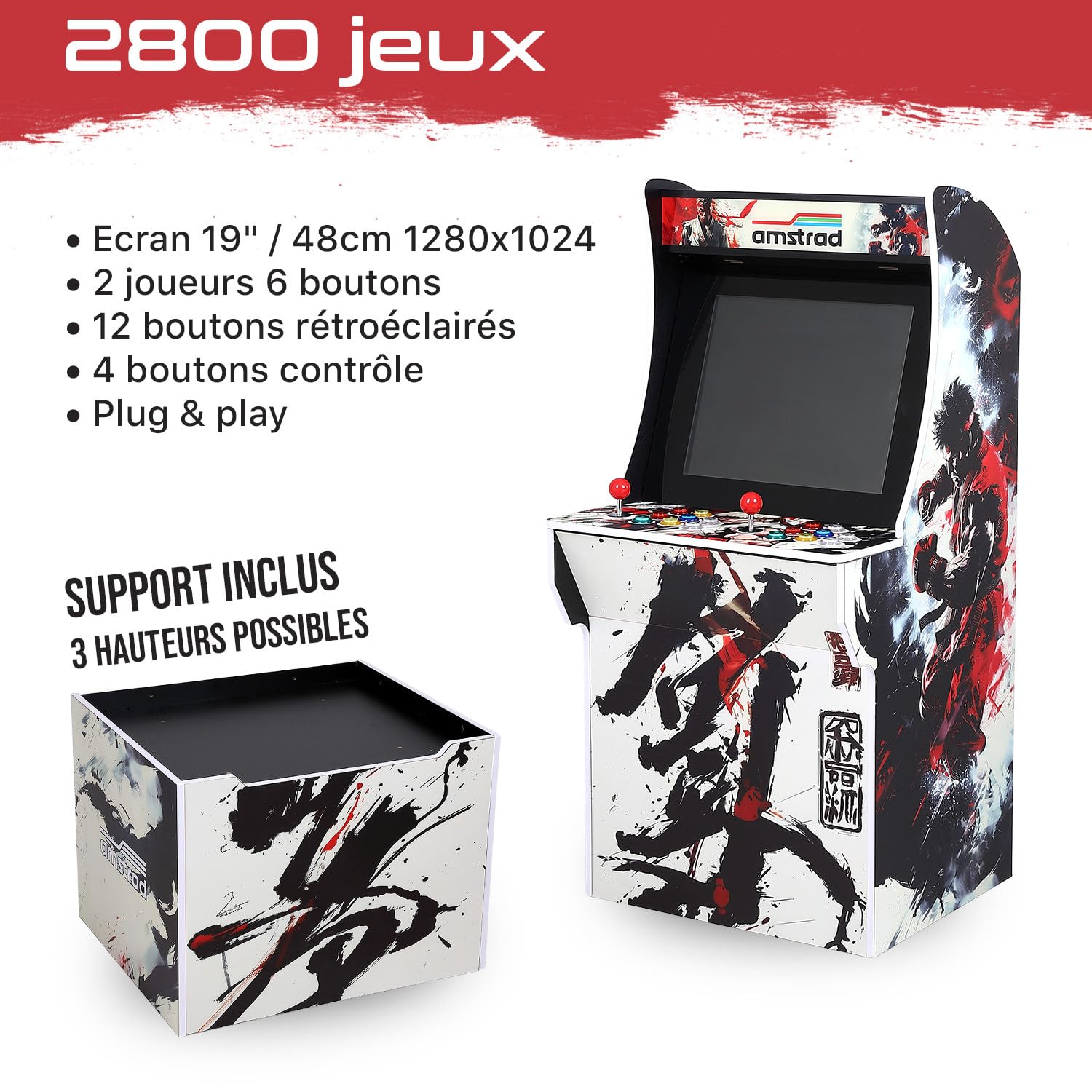 Borne d'arcade AMSTRAD modèle Fighters avec 2800 Jeux - Ecran 19" 4:3 - 2 Joueurs - 16 Boutons rétro éclairés - 3 hauteurs