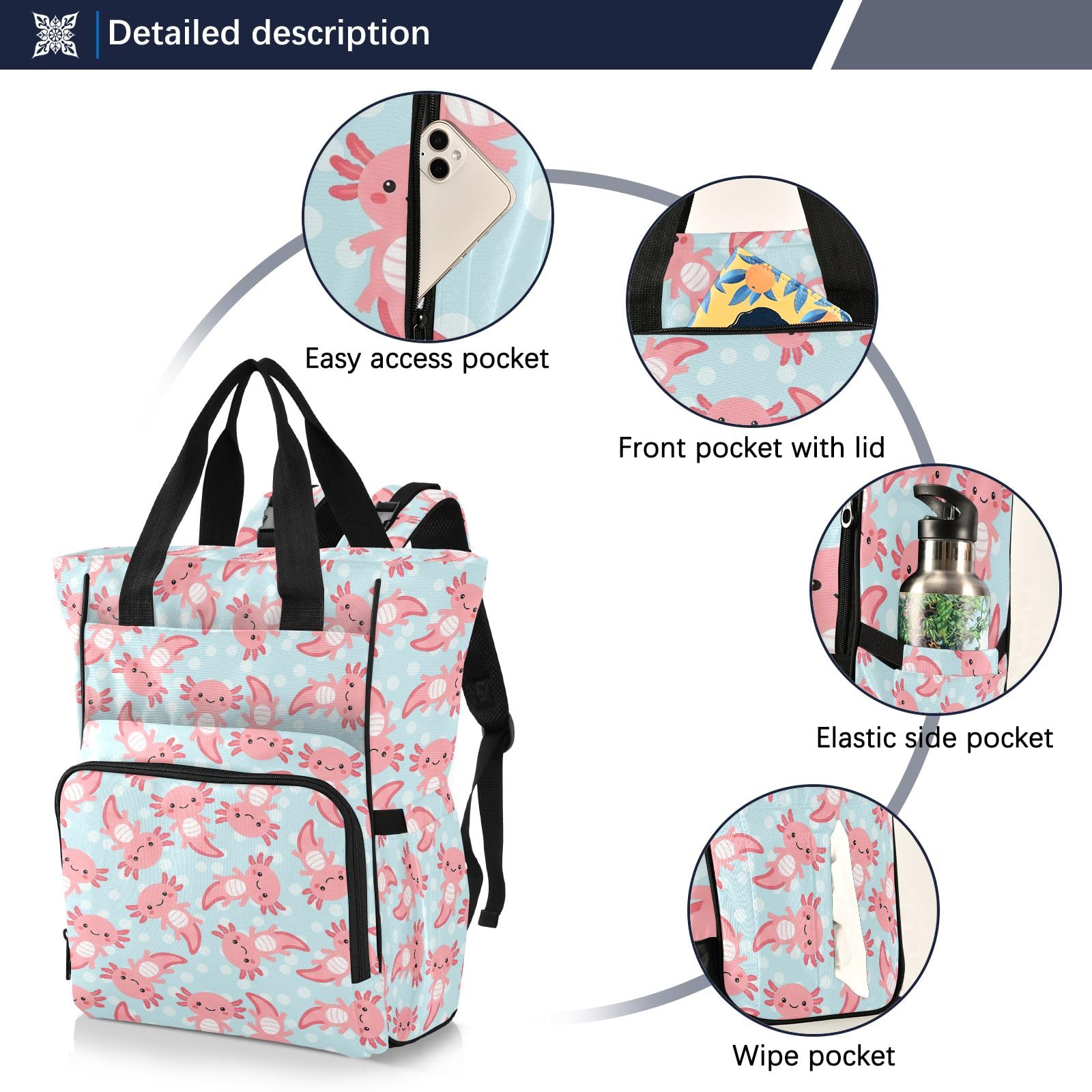 Mnsruu Mochila para pañales de bebé con patrón de ajolote rosa, bolsa grande, impermeable, bolsas de pañales de viaje para mamás y papás