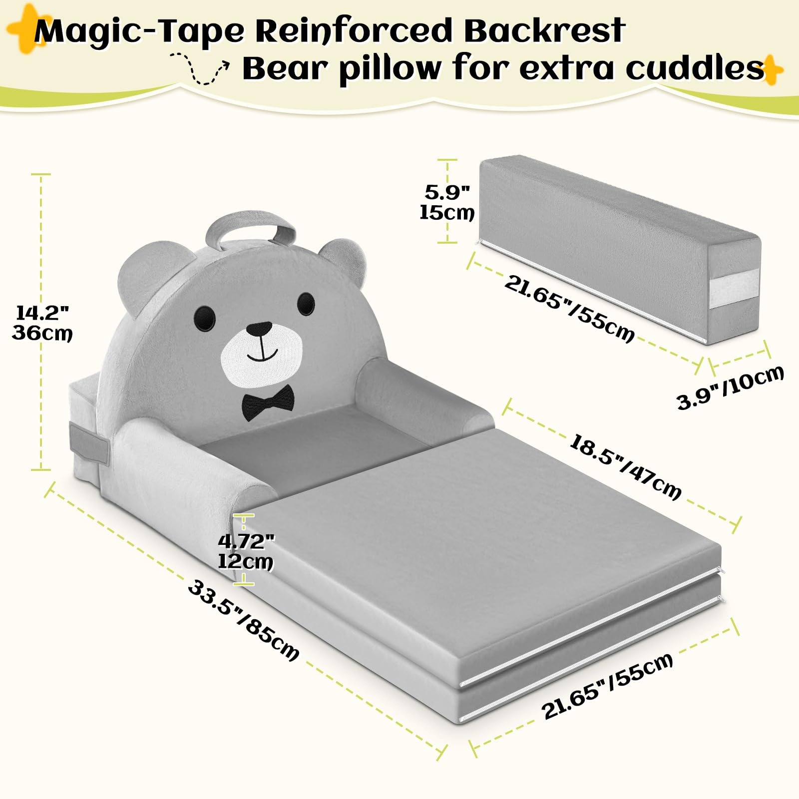 Divano per bambini orso, sedia pieghevole 2 in 1 per bambini, 150cm morbido divano in velluto cristallo per bambini piccoli per camera da letto, soggiorno