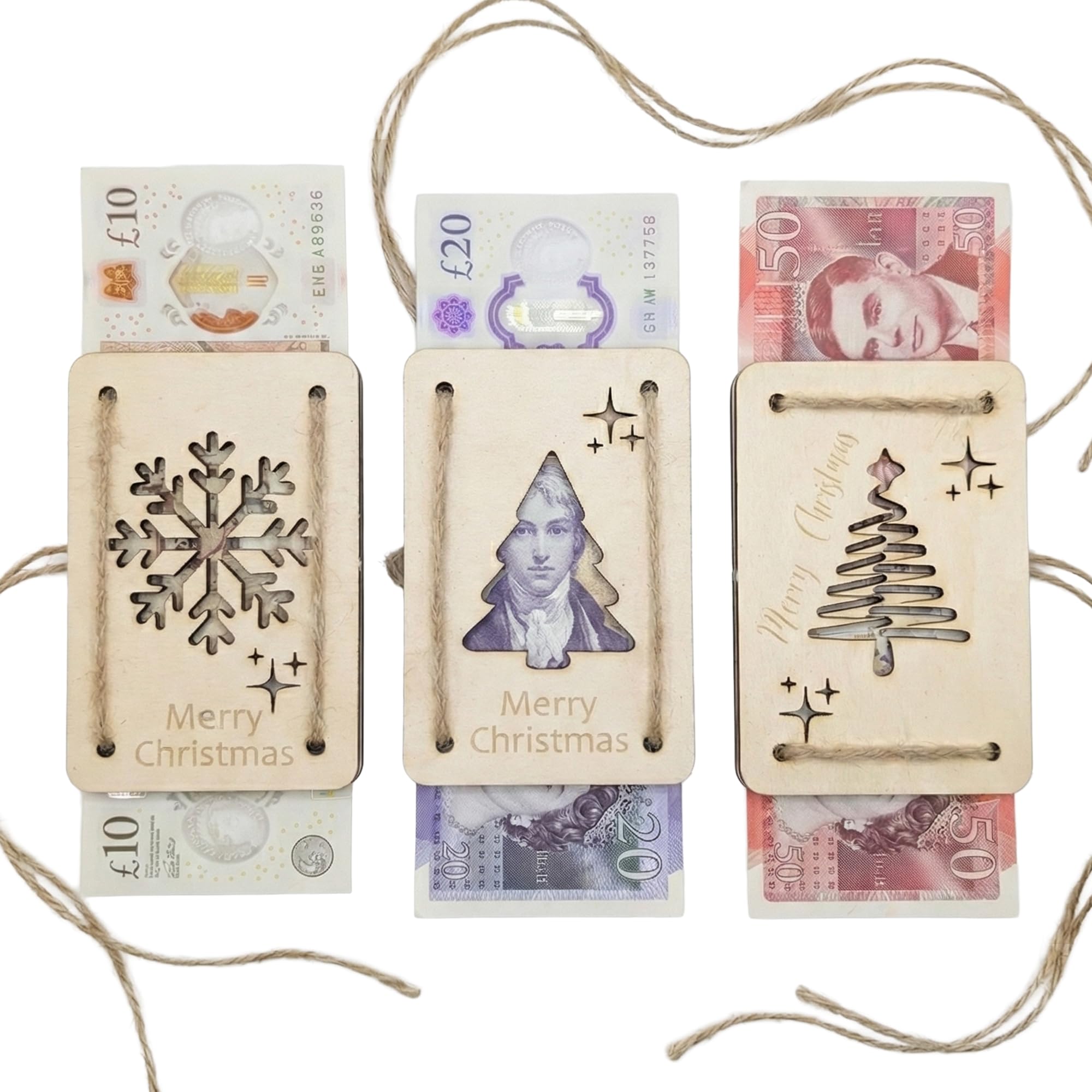 Woodland Mail Christmas Money Wallets Set of 3 Laser Cut and Engraved Woodpulp Cash and Voucher Holders
