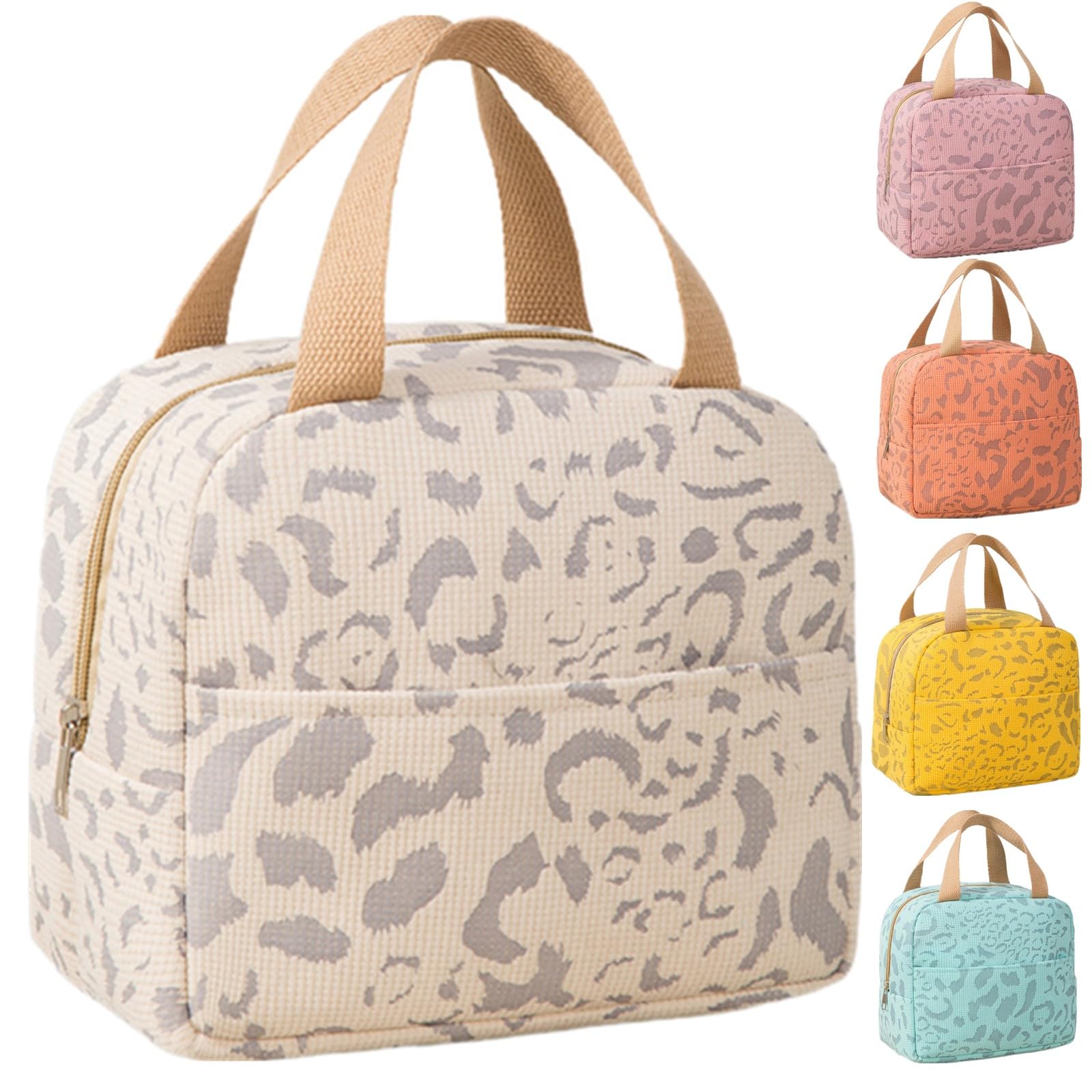 WUWYOUWL Lunch Bag, Cute Carton Insulated Lunch Box, Reusable Lunch Cooler Bags Waterproof Lunchbag Foldable Lunch Bag for Women, Men, Kids and Students Travel Picnic School (Beige)