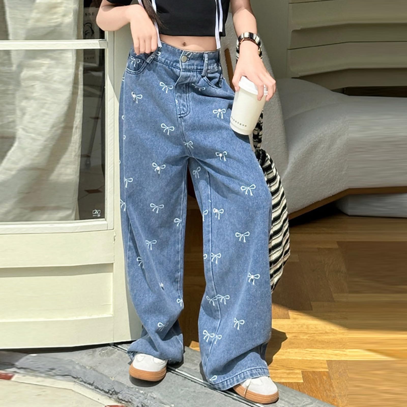 Pantaloni Outdoor Per Ragazze Ragazze Moda Personalità Pantaloni Elastico Vita Larga Gamba Jeans Stampa Fiocco Casual Demin Pantaloni Con Tasche S Ragazza Pantaloni 98
