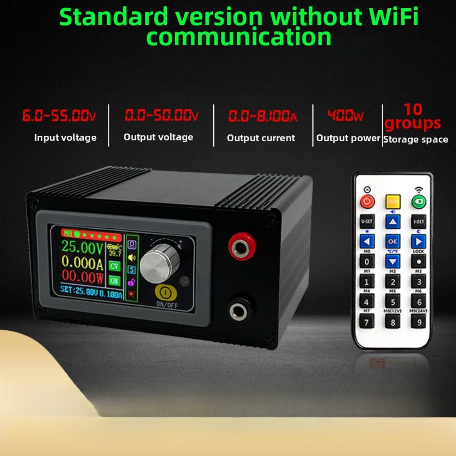 400W Alimentatore DC regolabile 0-50V 8A con telecomando WiFi, regolatore di tensione digitale con protezione da sovraccarico e 10 slot di memoria, adatto per CNC e laboratorio, nero (senza WIFI)