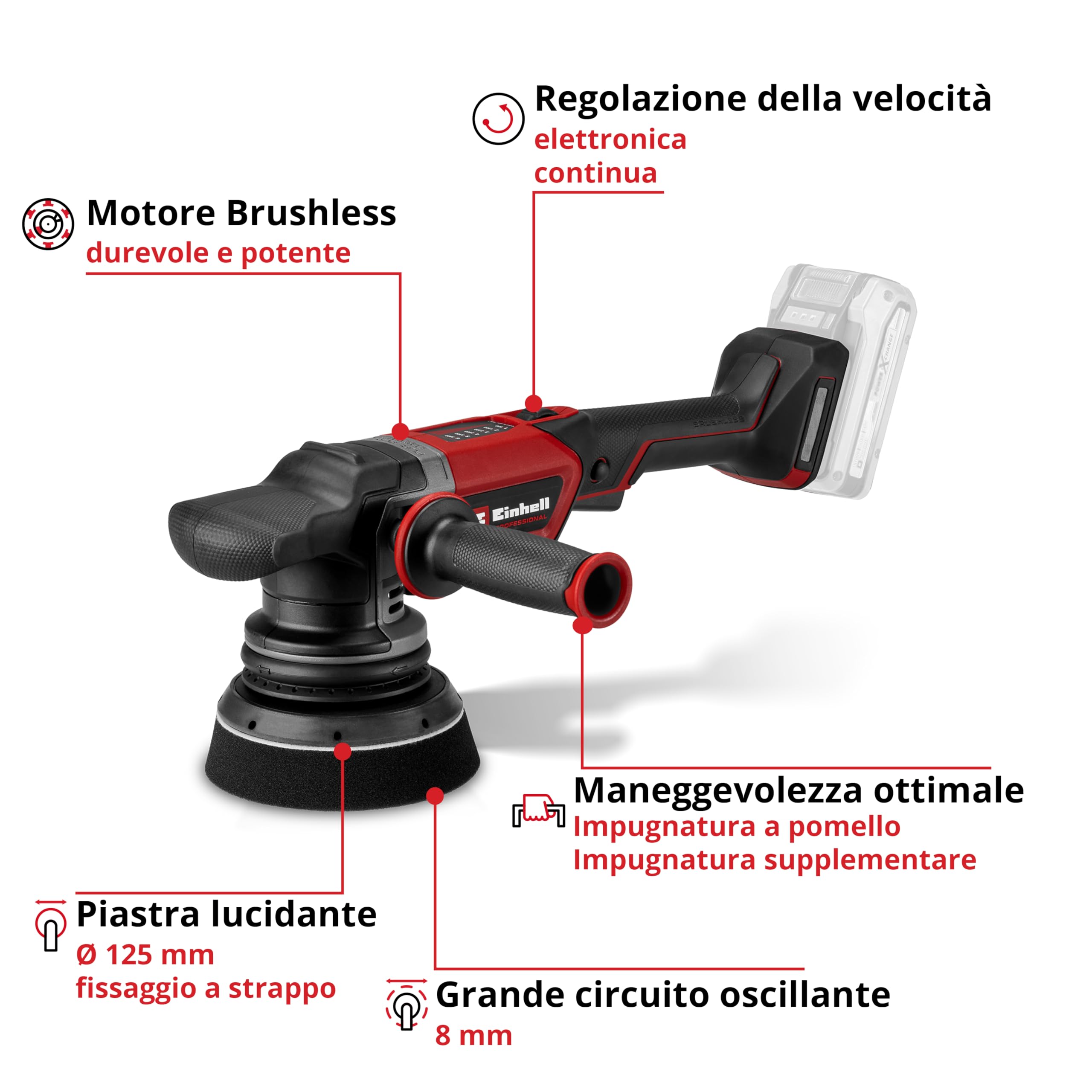 Lucidatrice eccentrica Einhell Professional CP-EP 18/125 Li T BL-Solo Power X-Change (18 V, lucidatura 125 mm, 500 - 3.800 giri/min, incl. 3 tamponi, senza batteria)