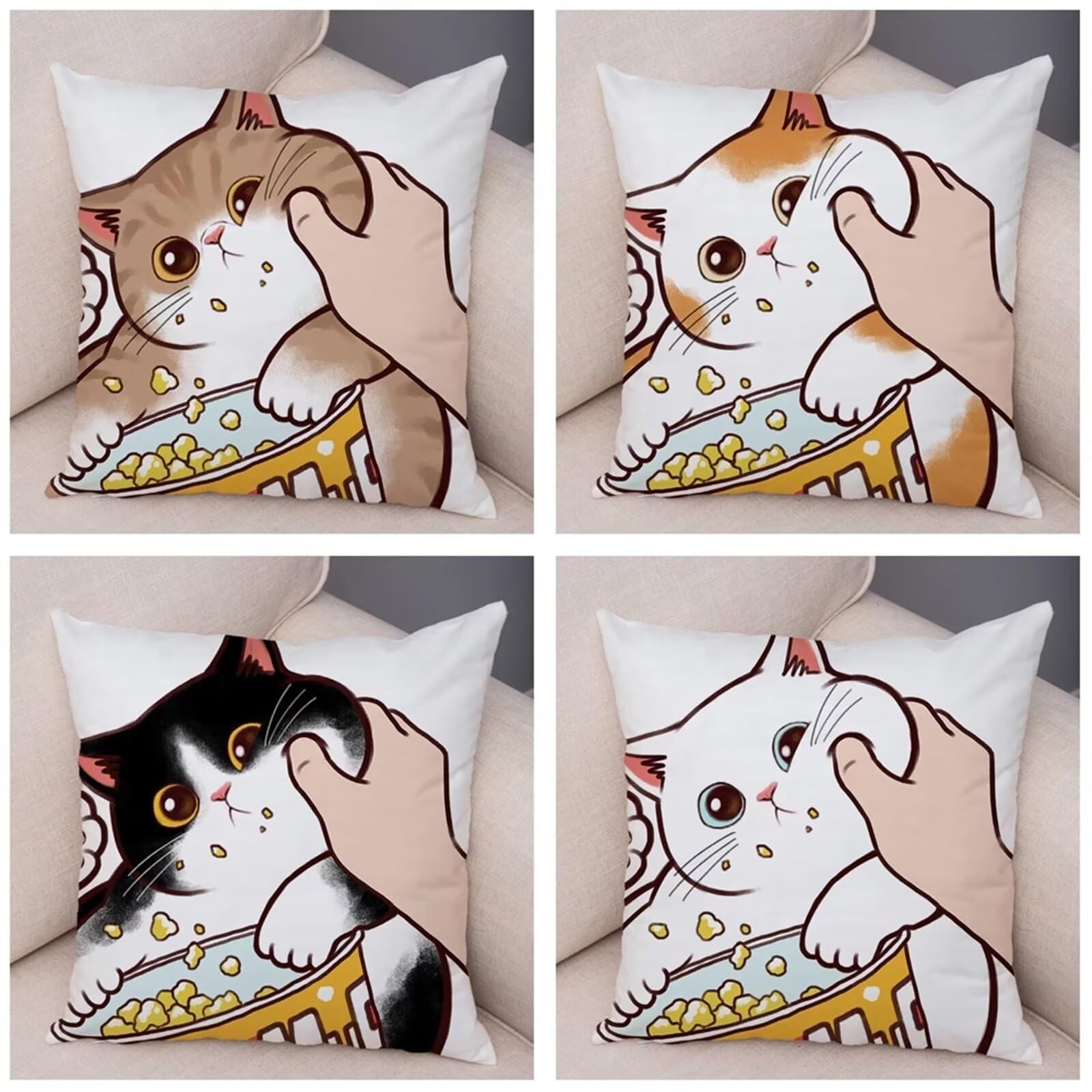Juego de 4 Impermeable Funda de Cojín Gato de dibujos animados,55x55cm Moderno Suave Transpirables Lino Fundas de Almohada Cojines Decorativos con Cremallera Oculta para Exterior Sofá Cama Coche Hogar