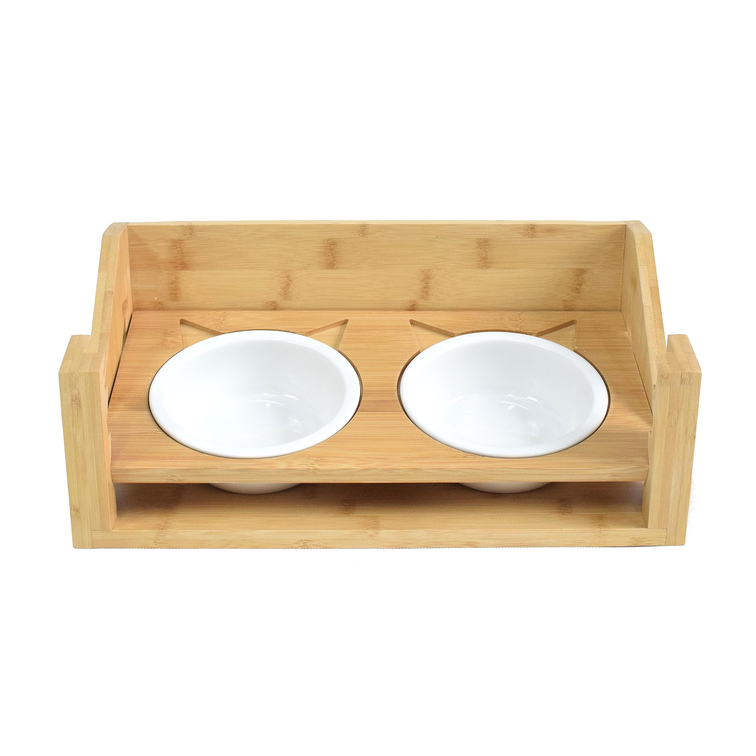 Cuenco para gatos y perros pequeños | Altura regulable | 350 ml | Comedero | Cerámica | con 2 + 2 cuencos | 4 cuencos | Juego de cuencos para gatos | Soporte de madera de bambú
