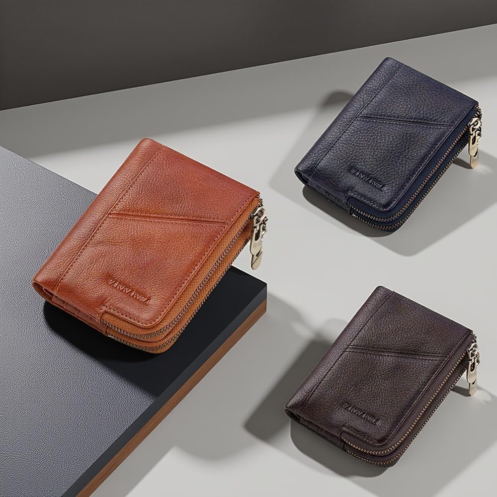VANNANBA Men Wallets with Zipper Genuine Leather Retro Multifunction with 2 Large Zipper Pocket, 6 Card Slots - Image 5