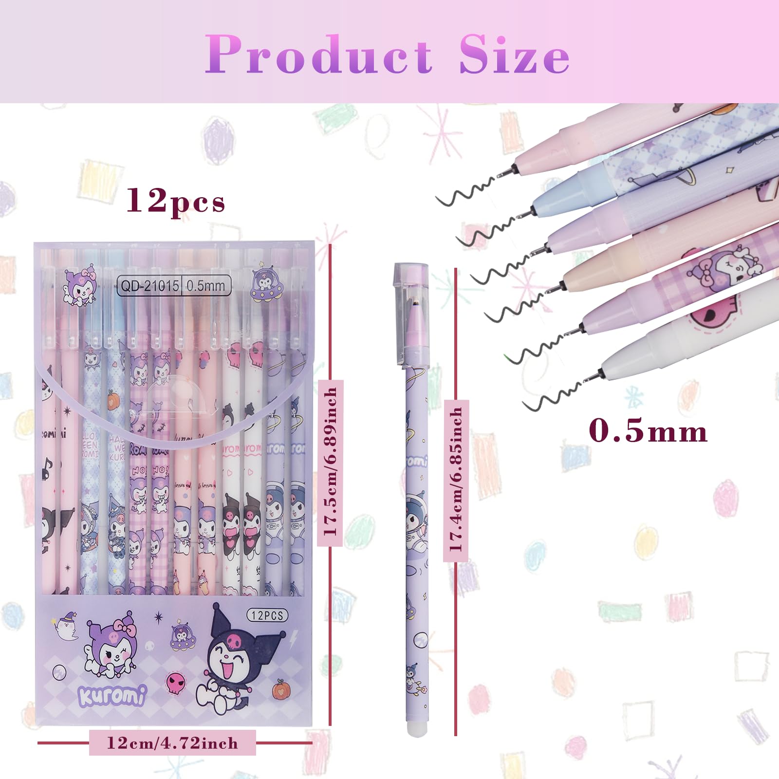 Cartoon Erasable Gel Pens, 12 Pcs Black 0.5mm Roller Ball Cute Erasable Gel Ink Pen - Image 2
