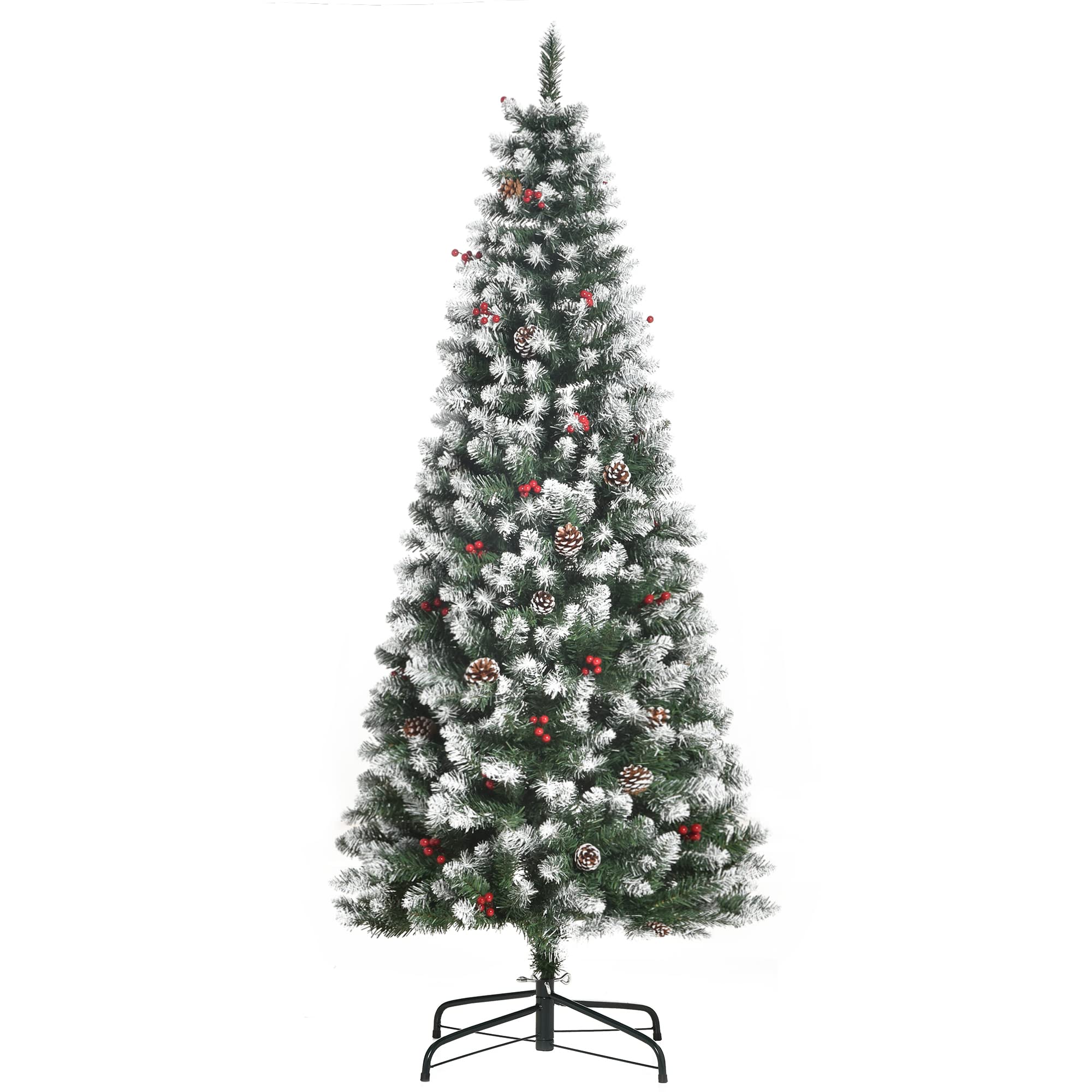 HOMCOM Árbol de Navidad Plegable 180 cm con Nieve 618 Ramas 30 Bayas 34 Piñas Hojas Apertura Automática y Soporte Metálico Decoración Navideña para Interior Verde