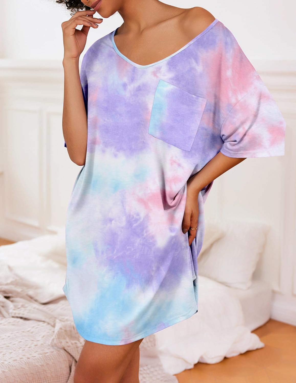 Ekouaer Womens Tshirt Nightgown Cotton V Neck Sleepshirts Comfy Casual Nightshirt for Women - Image 3