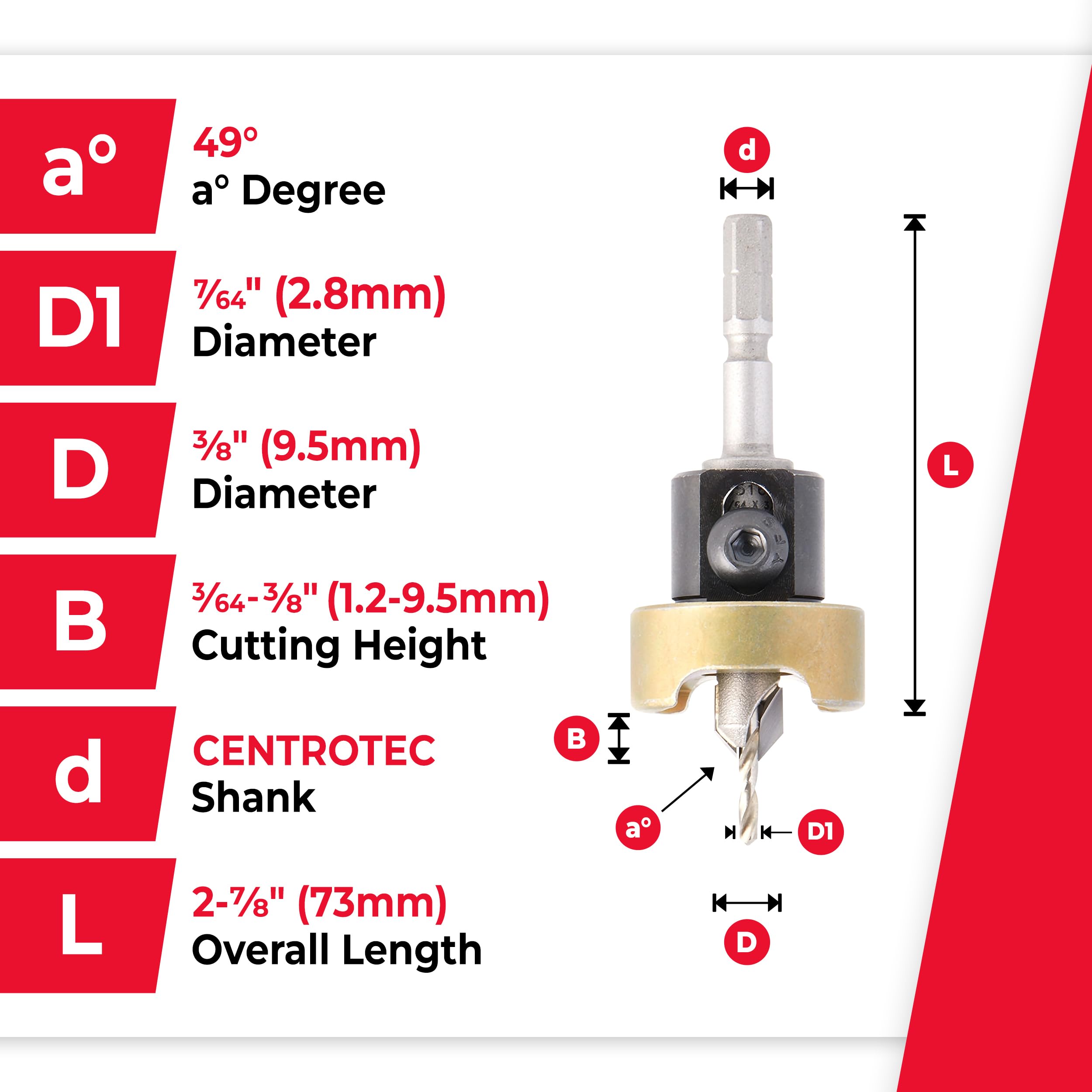 Amana Tool 55162 Hartmetallbestückter 82-Grad-Kegelsenker mit einstellbarem Tiefenanschlag und No-Thrust BB für Festool CENTROTEC System 3/8 D x 7/64 Bohrer D