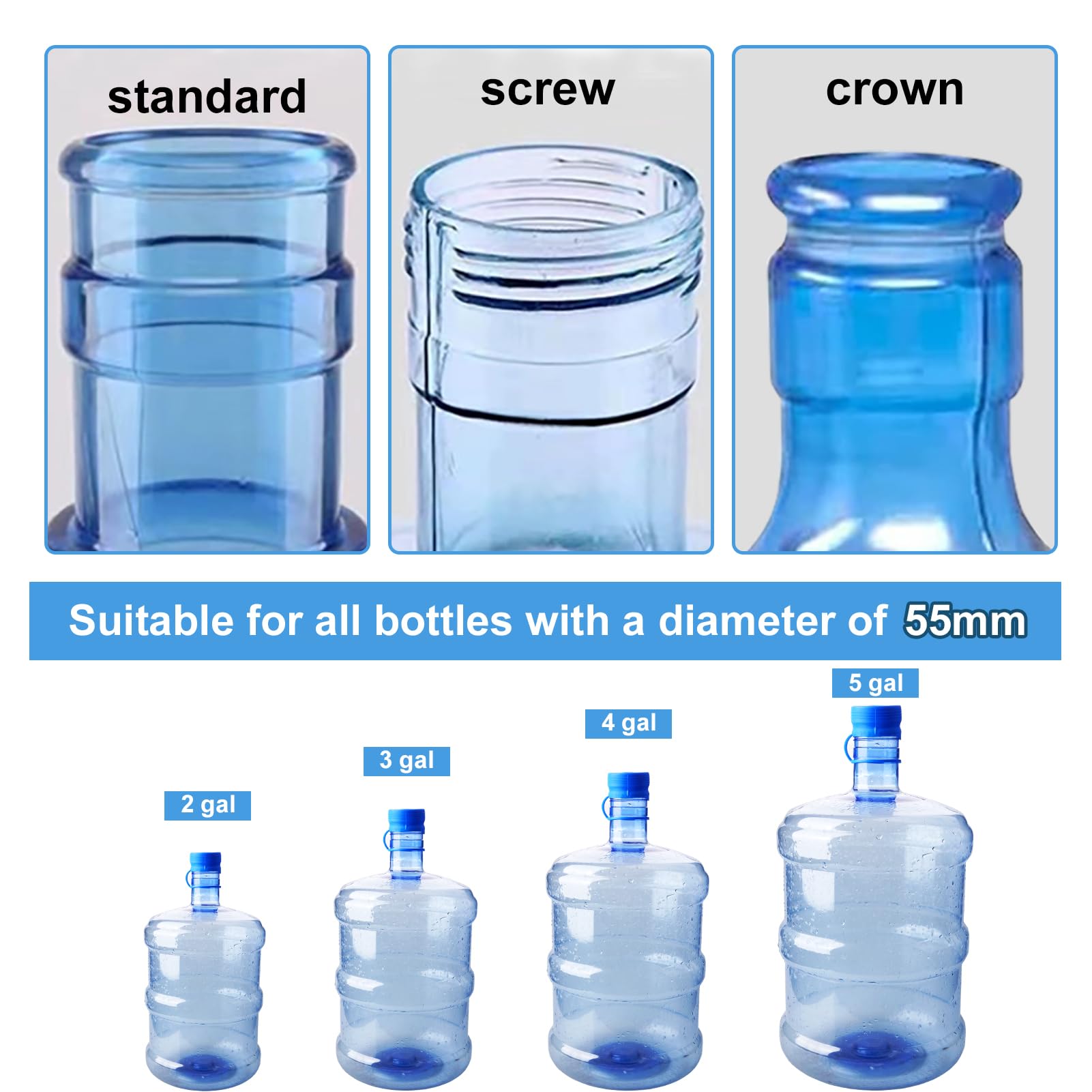 Tapas para jarra de agua de 5 galones, 4 unidades, tapa de repuesto reutilizable de silicona de grado alimenticio, apto para dispensadores de agua estándar/tornillo/corona de 55 mm, tapa a prueba de