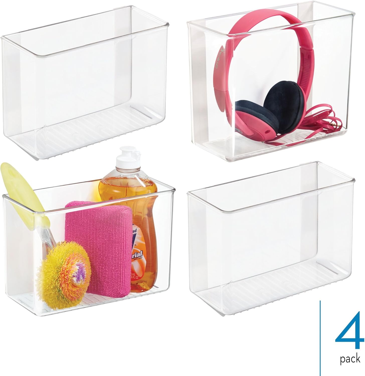 iDesign Adhesive Organizer Bin - Damage-Free Hanging for Kitchen, Bathroom, or Office - Set of 4 - Clear