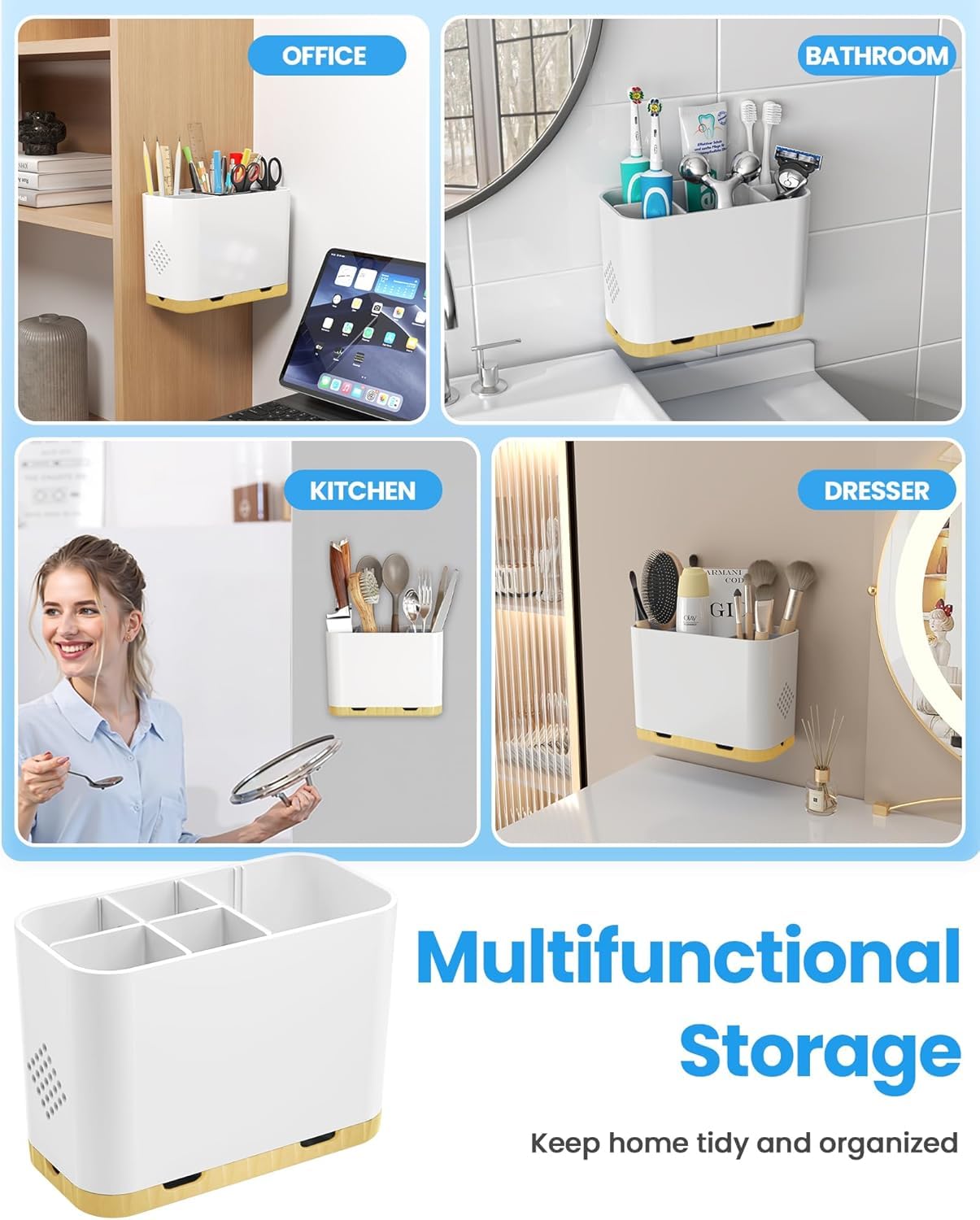 5 Slots Detachable Toothbrush Holder Set - for Bathroom Countertop, White and Gold - Image 8