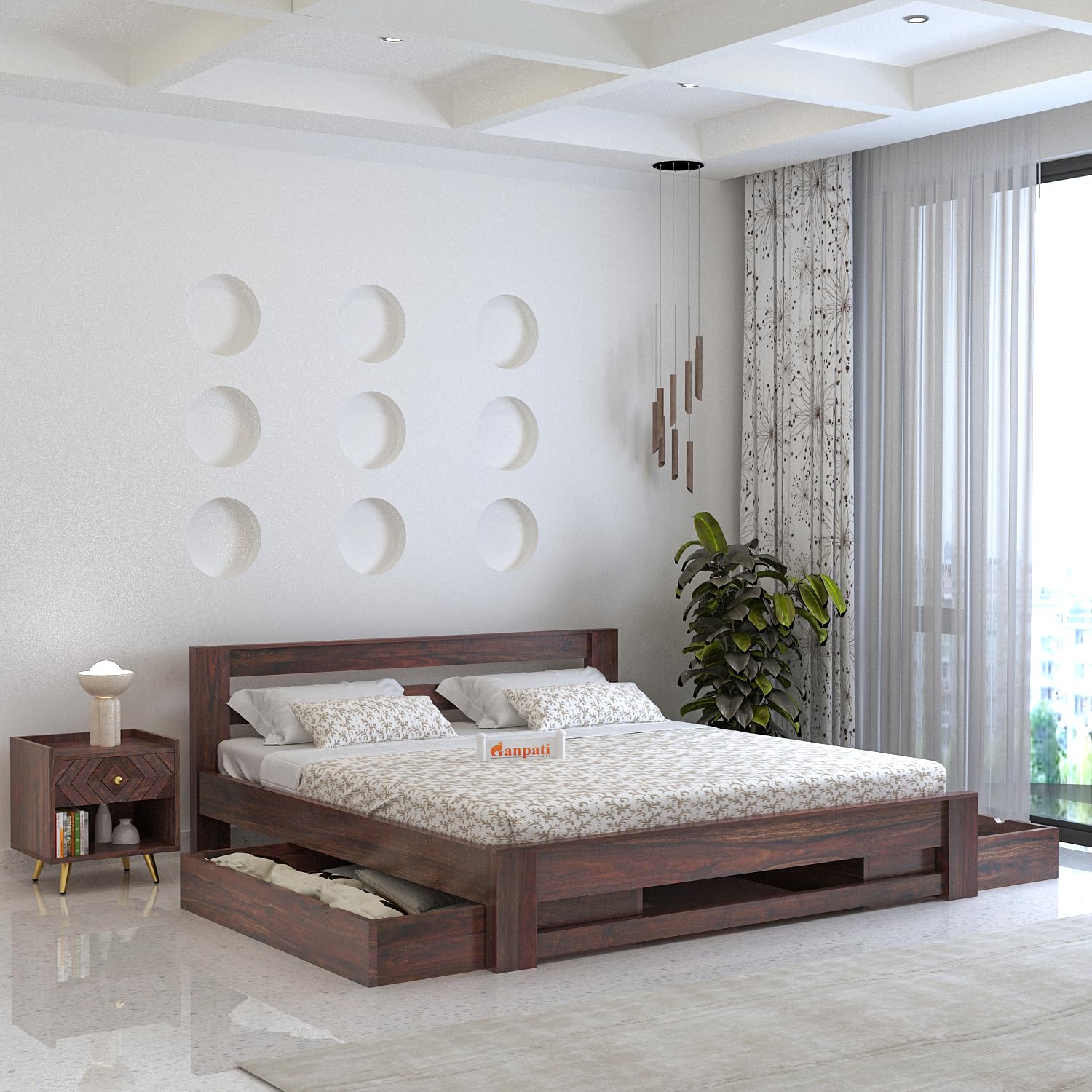 Ganpati Arts Sheesham Wood Queen Size Bed with 2 Drawers Storage for Bedroom Wooden Double Bed Furniture for Home Hotel (Walnut Finish) 1 Year Warranty