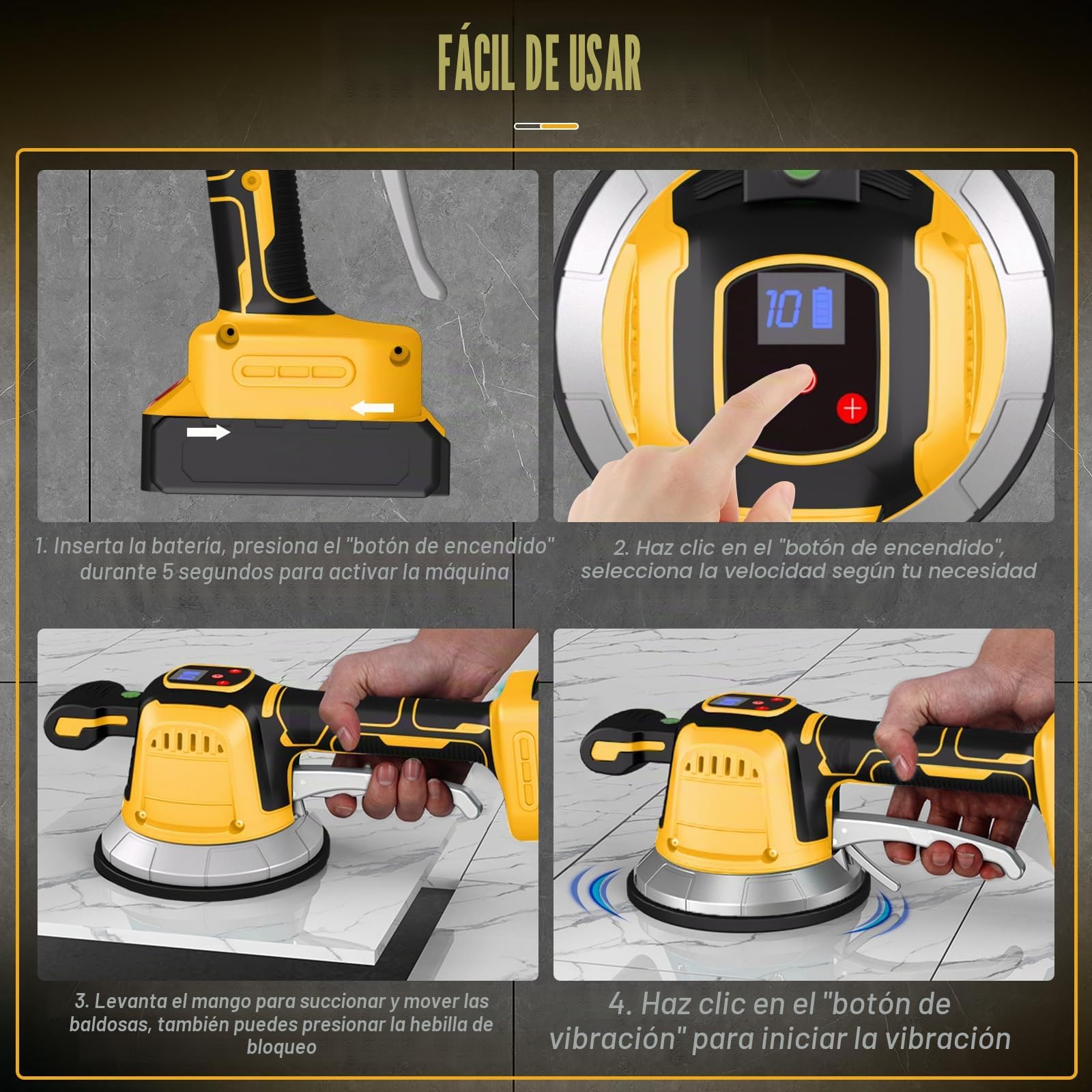 Vibrador Baldosas sin Cable Compatible con Dewalt 18V,20v, Maquina Vibratoria para Azulejos, 160Kg Adsorción, Niveladores Azulejo 10 velocidades, Ventosa de 14,8cm, para Colocar Baldosas