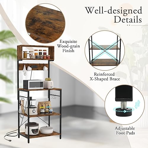 Miniatura 5 de Giantex Estante para panaderos con toma de corriente, soporte de microondas de 5 niveles con 10 ganchos en forma de S, estante de almacenamiento