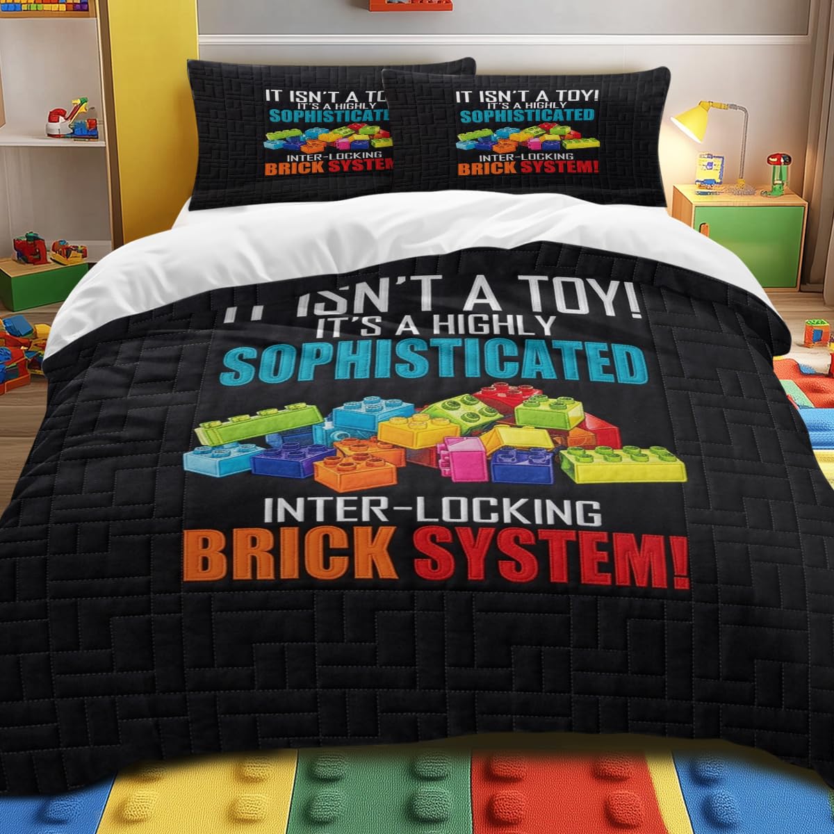 Brick Duvet Cover Set for Adult Fans, Funny "Highly Sophisticated Inter‑Locking Brick System" Gamer Bedding Super King Size, Black Microfiber Geek Bedroom Decor with Colorful Blocks, Zipper Closure