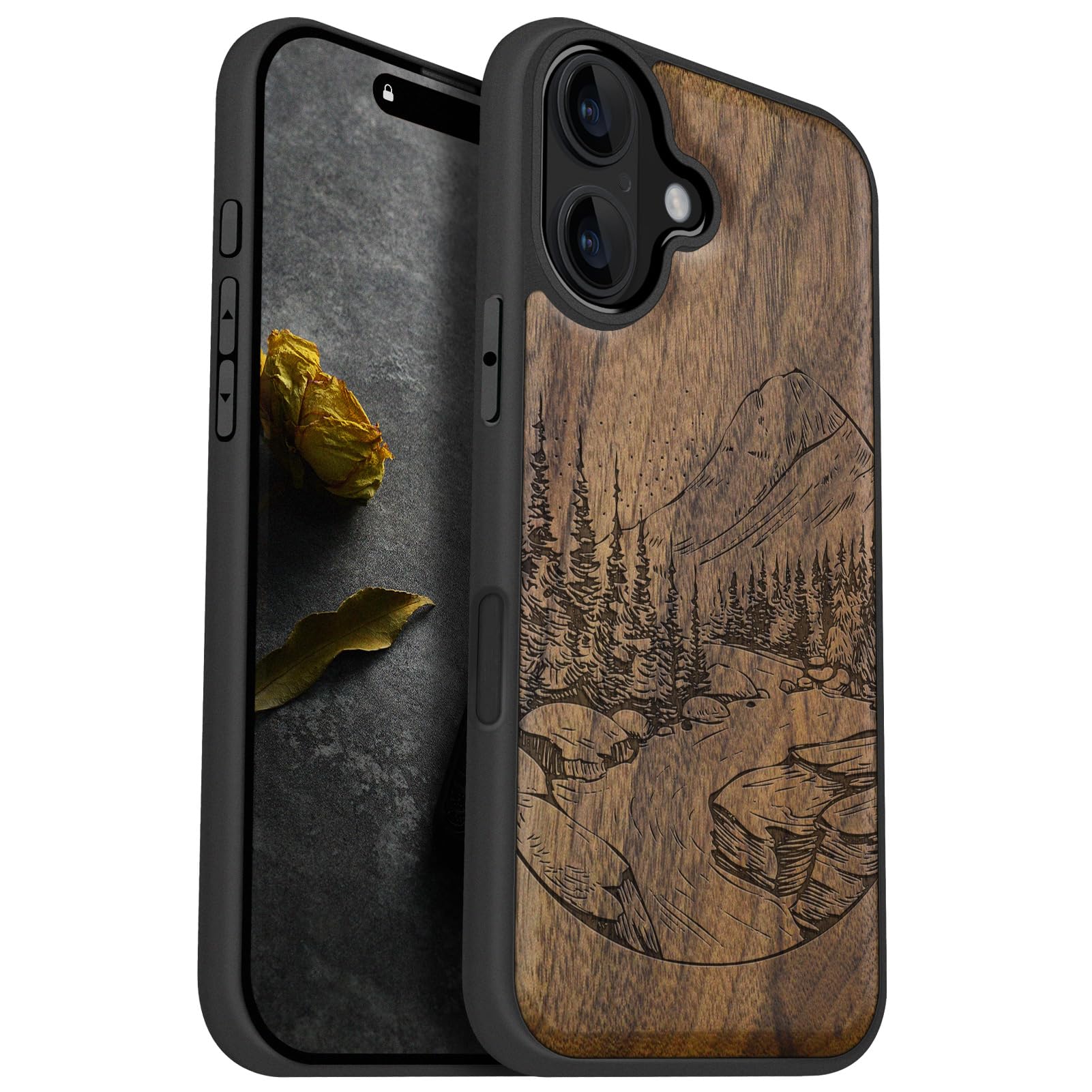 Carveit Magnetic Wooden Case for iPhone 16 Case, Wood Artisan Engraved & Black Soft TPU Shockproof Cover, Compatible with MagSafe Wireless Chargers (