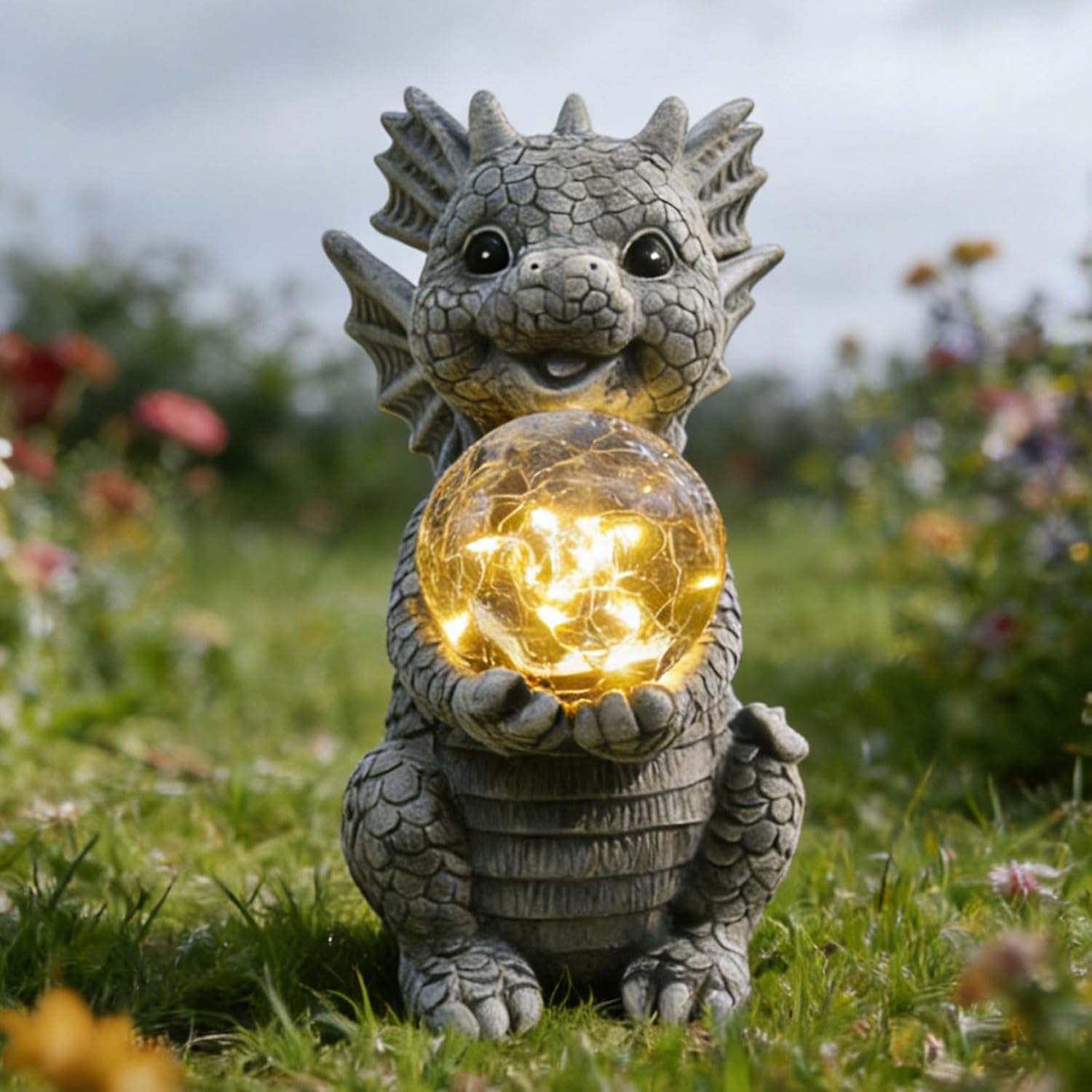 Solar Garden Decorations - Dragon Statue with Crackle Glass Ball Light - Garden Decor for Patio, Yard, Lawn, Pathway, Landescape - Housewarming Gifts - Dragon Gifts for Women Mom Grandmom