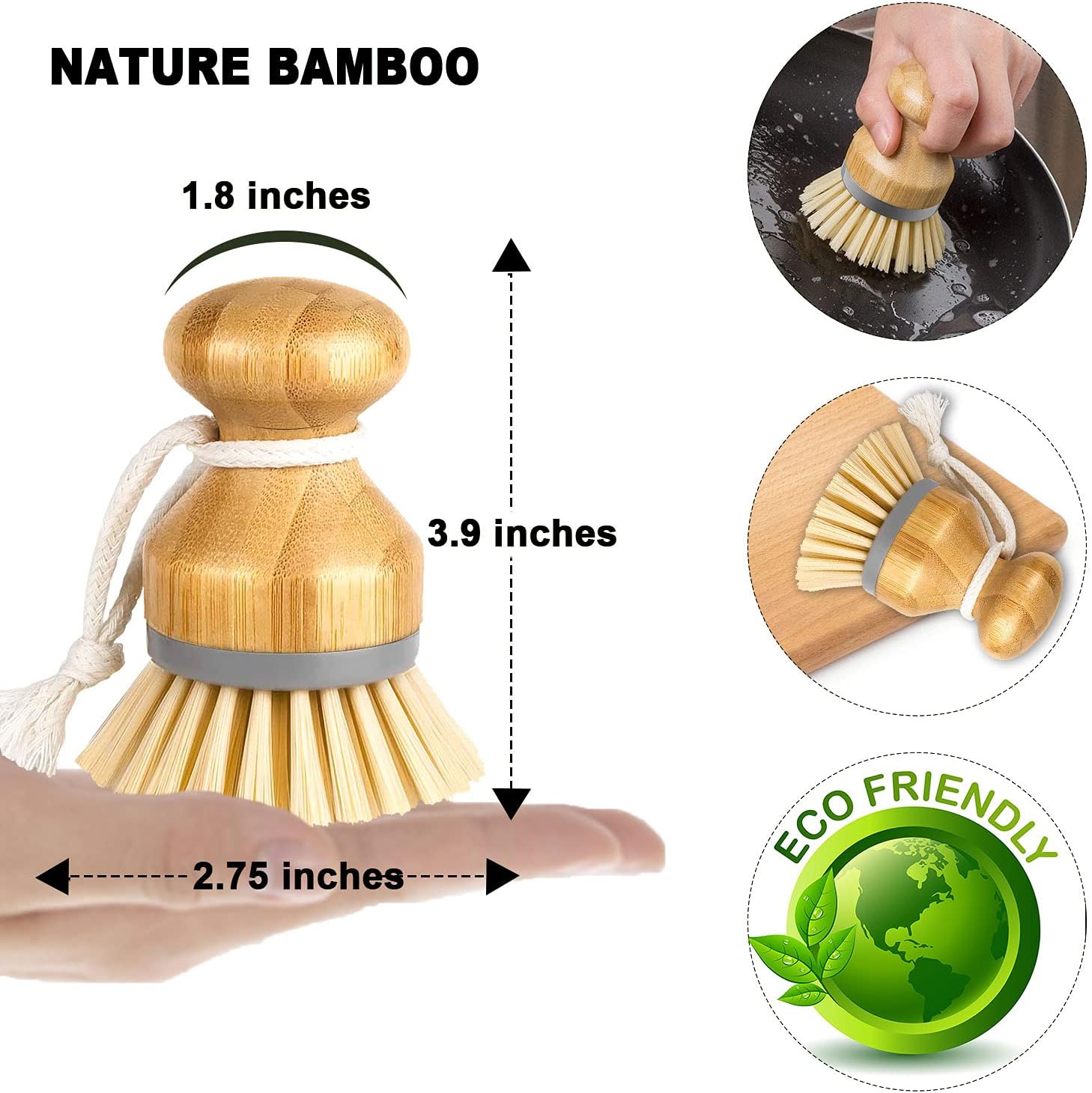 Dish Scrub Brush, Natural Bamboo Dish Brush, Kitchen Brushes for Dishes, Pots, Pans and Kitchen Sink, 2 Pcs