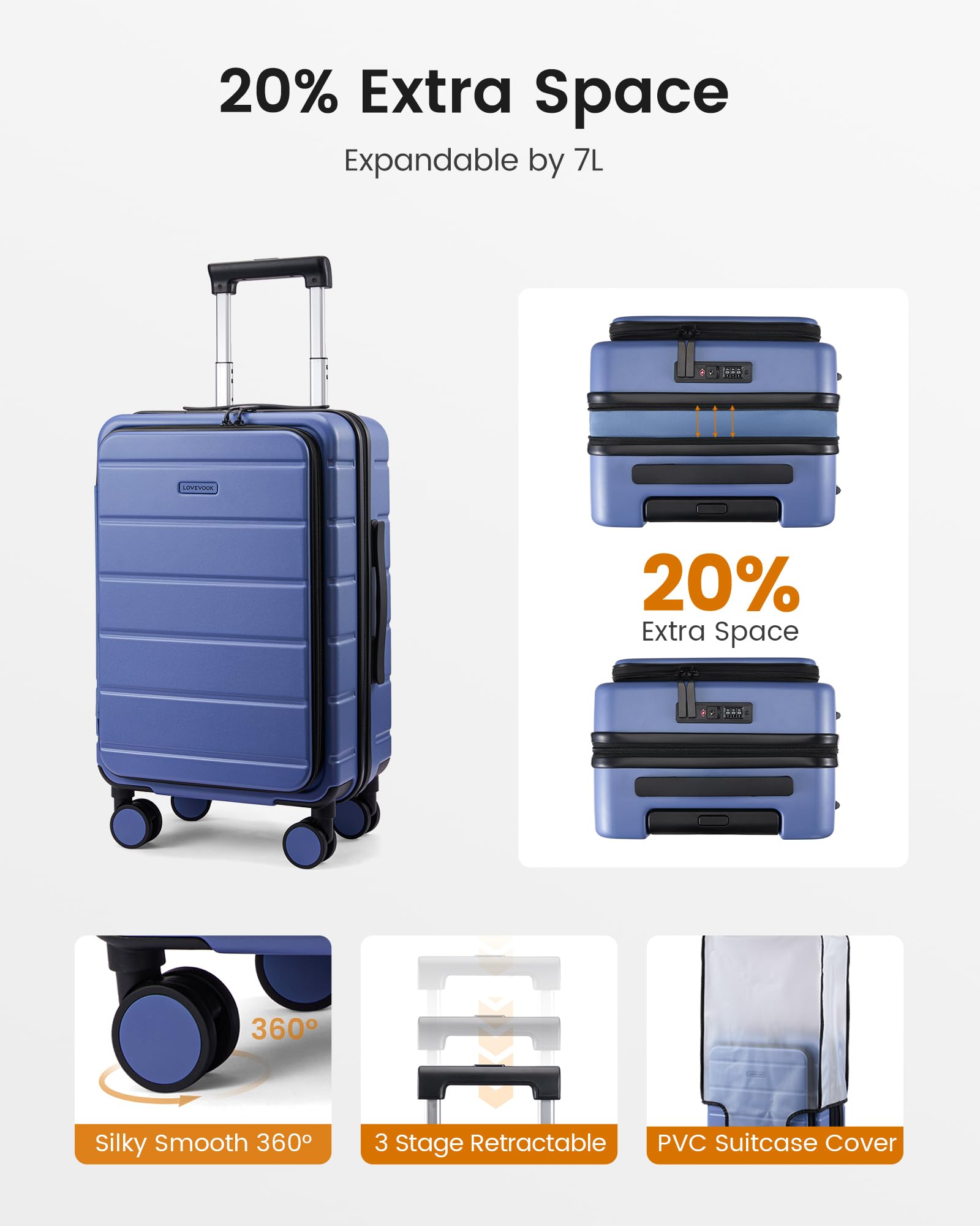 LOVEVOOK Carry On Luggage 22x14x9 Airline Approved with Spinner Wheels, 20 Inch Small Carry On Suitcase with TSA Lock, Expandable Hard Shell Suitcases for Men Women — view 5