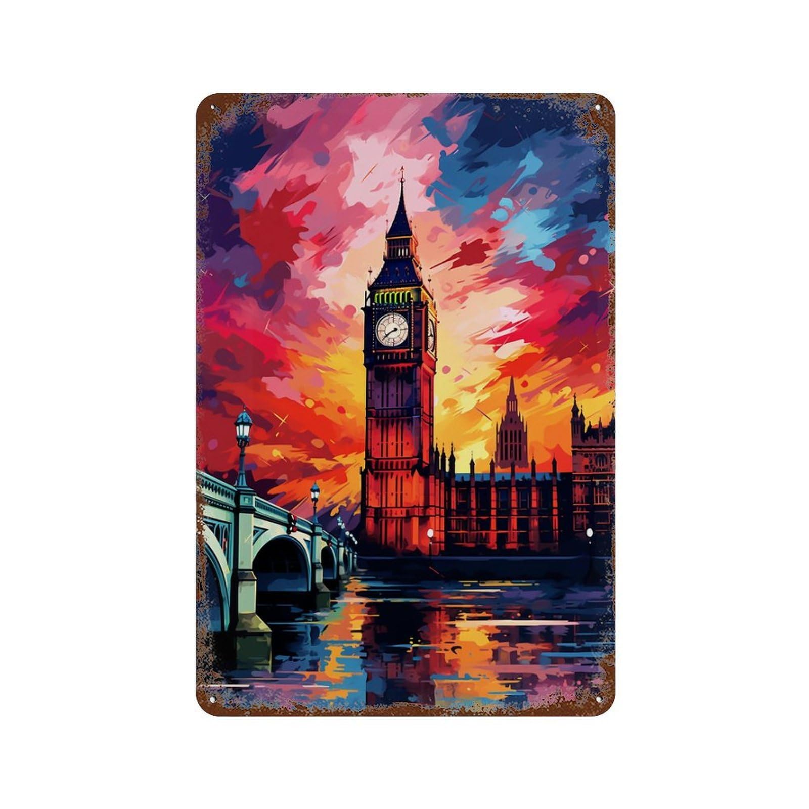 Rust Effect London Skyline with Big Ben -4 Vintage Metal Tin Sign 11.8"x7.9", Farmhouse Wall Decor for Garage, Bar And Workshop Decor