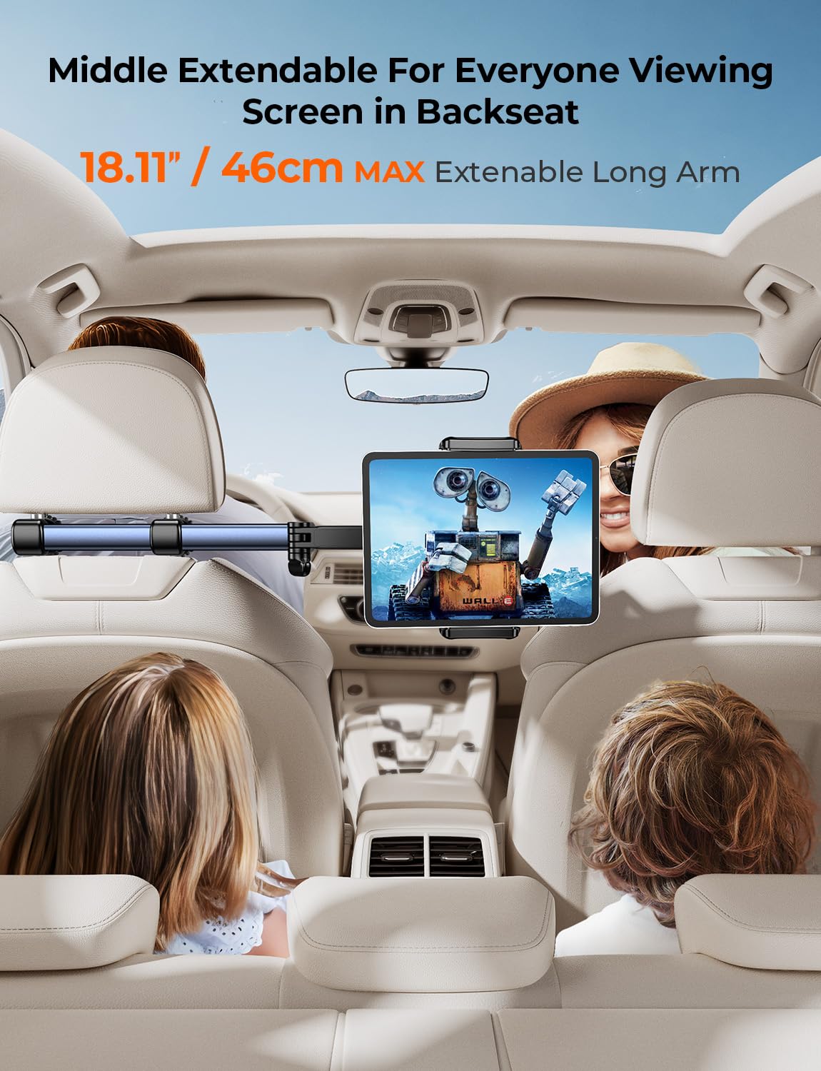 TRYONE Support Tablette Voiture appuie-tête – Bras Long 46 cm, 3-en-1 pour iPad, Switch, Smartphones 4,7–16,1", idéal Enfant & Voyage | Bras ultra-long 46 cm à triple axe pour placer la tablette au centre du siège arrière.