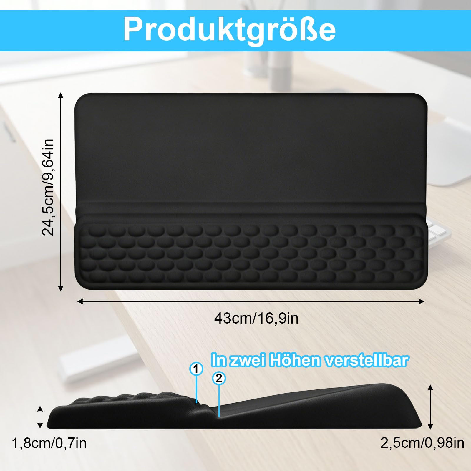 Klawiatura z wbudowana podkładką pod nadgarstek GANILITY do zmniejszenia obciążenia nadgarstków, 43 x 24,5 cm Pianka Memory Foam, podkładka pod nadgarstek i podłokietnik na biurko i do gier (Czarny)
