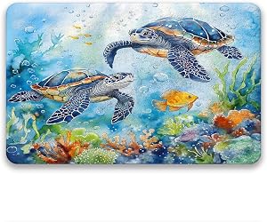 Ocean Turtle Bath Mat,Blue Sea Animal Underwater Seaweed Watercolor Bathroom Kitchen Runner Rug,18x30 Inch