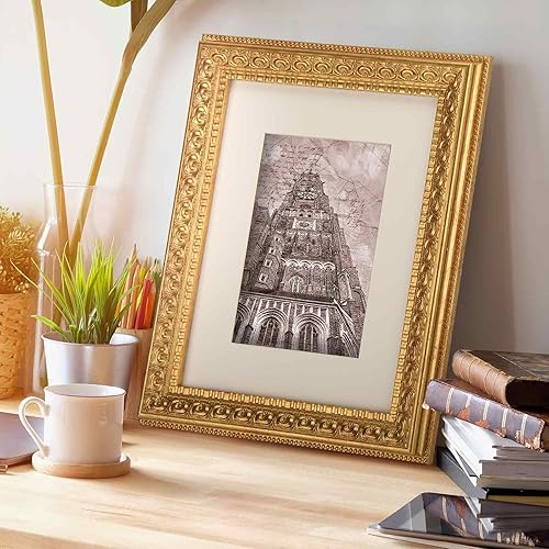 Miniatura 2 de Marco de fotos clásico adornado dorado envejecido de 8 x 10 pulgadas, mate para fotos de 5 x 7, protección de vidrio real, exhibición de montaje en