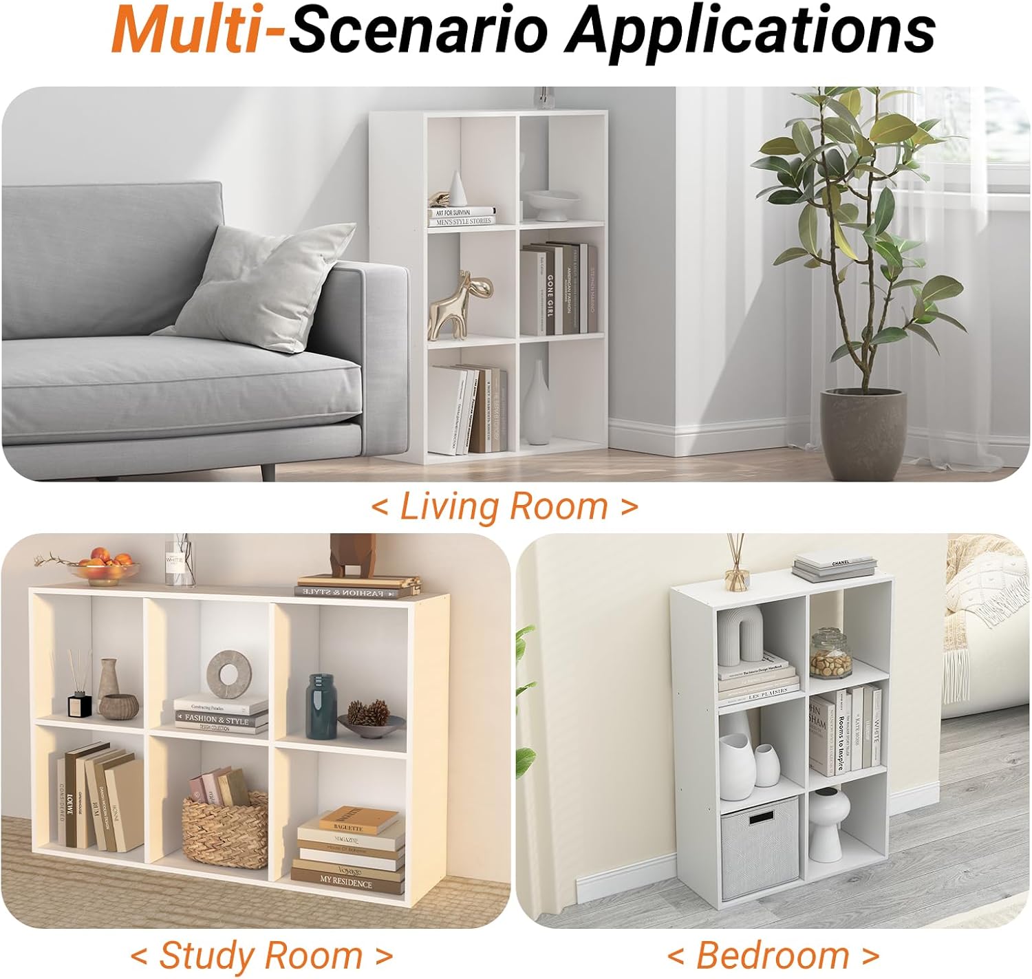 6 Cube Storage Organizer,3 Shelf Open Storage Display Bookshelf,Wood Bookcase with Open Back, for Living Room, Bedroom, Home, (White, 6 Cube)