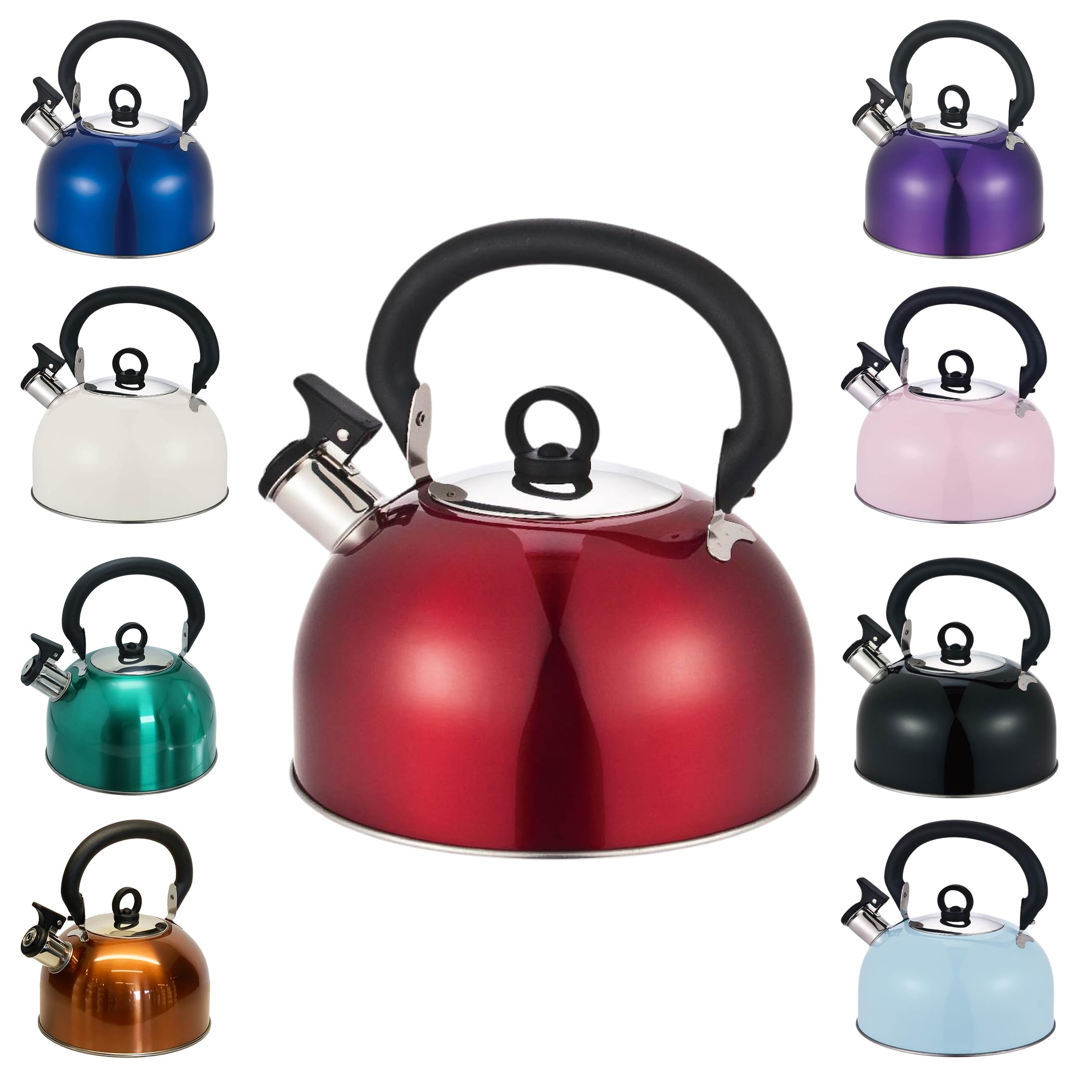 Buckingham Stainless Steel Whistling Kettle Metallic Red with Cool Touch Handle Suitable for Camping Hiking Indoor & Outdoor Use 2.5 litres (Metallic Red)