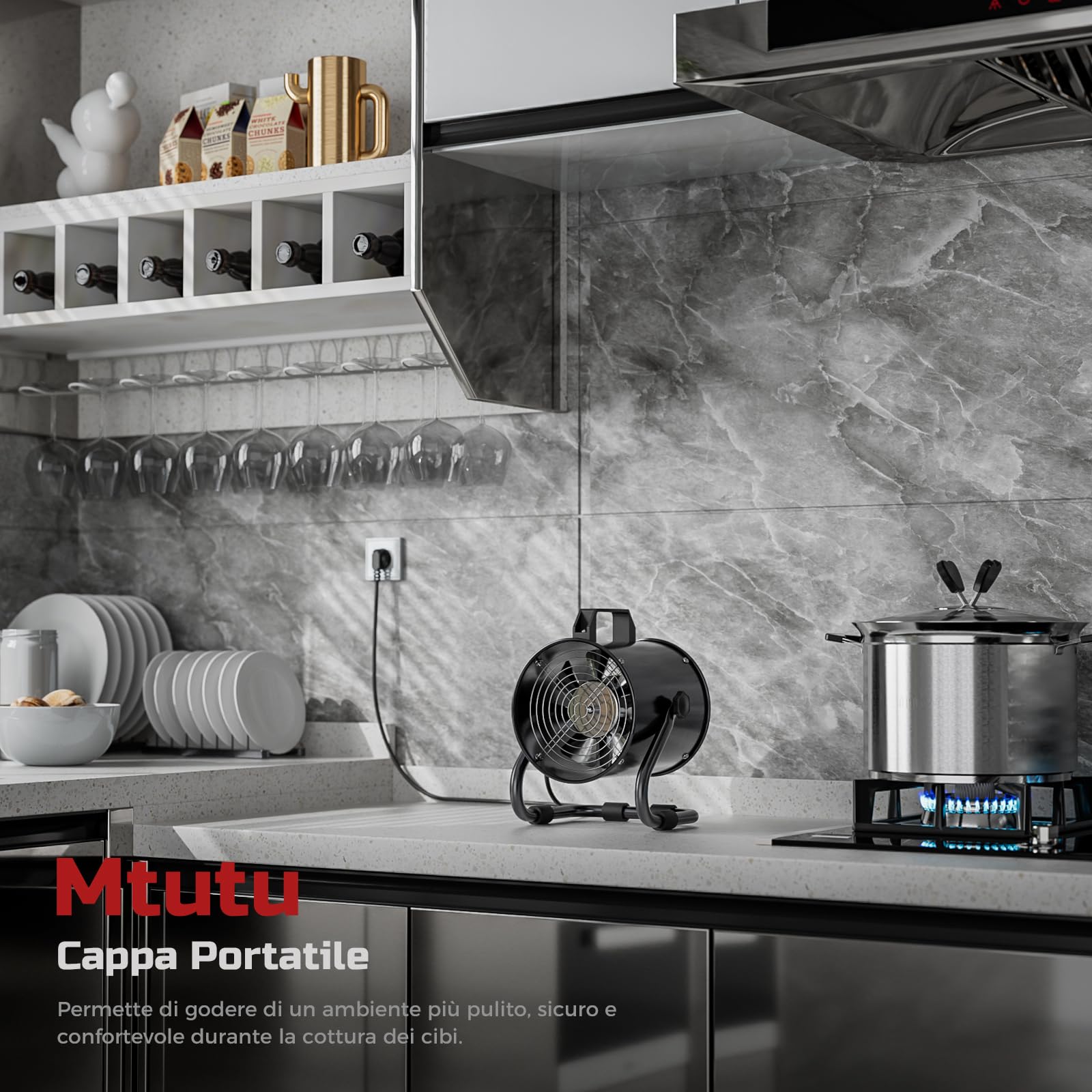 Cappa Cucina Portatile 40W 600m³/h Ventilatore Scarico Estrattore In Lega Alluminio - con 10 Filtri Carboni Attivi/120°Regolabile/Dasso rumore - per Ventilazione Circolazione Aria in Interni, RV