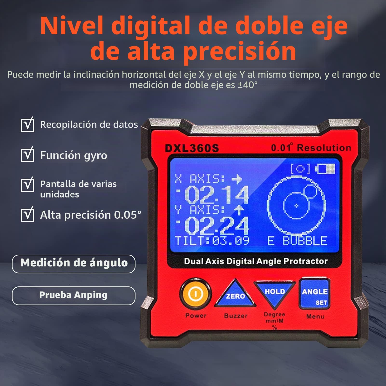 Inclinometro Digital 4x90°, DXL360S Goniometro, Resolución 0,01° | Caja de Nivel Digital de Precision Dual Axis Level Box Digital Angle Finder Professional, para Carpintería, Construcción