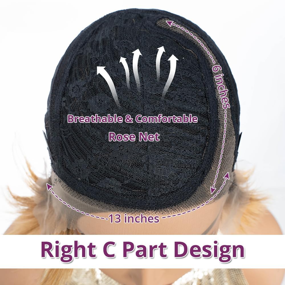 Side Part Black Human Hair Pixie Wigs HD Lace Front with Swept Bangs Short Curly Natural Color Glueless Cap for Women (Ombre Blonde,6 Inch)