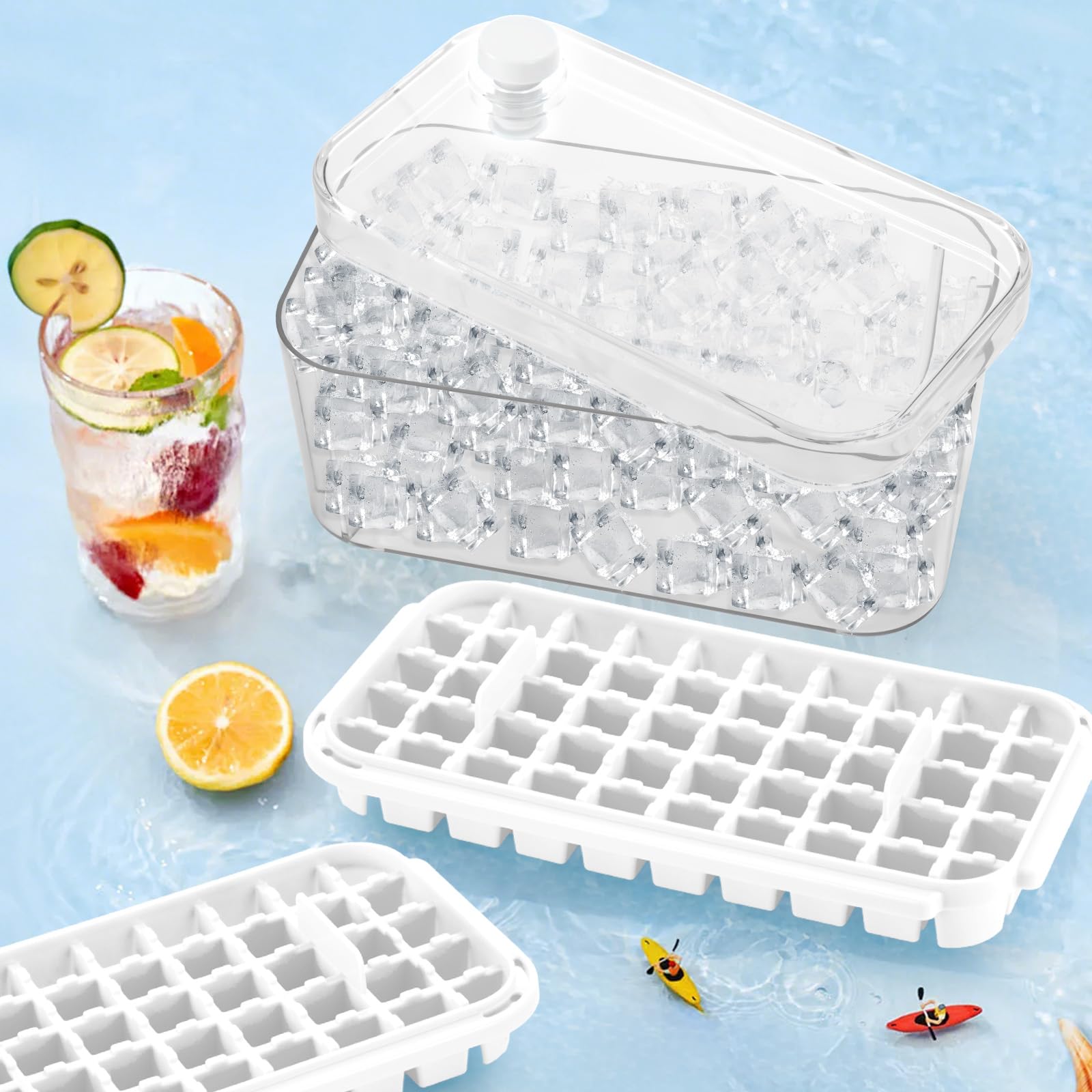 Stampo Ghiaccio, Stampo Ghiaccio Con Coperchio, 64 Cubetti Di Ghiaccio, Con 2 Vassoio, Rilascio Facile Con Pressione, A Prova Di Perdite, Per Raffreddare Cocktail, Whisky, Caffè, Blu