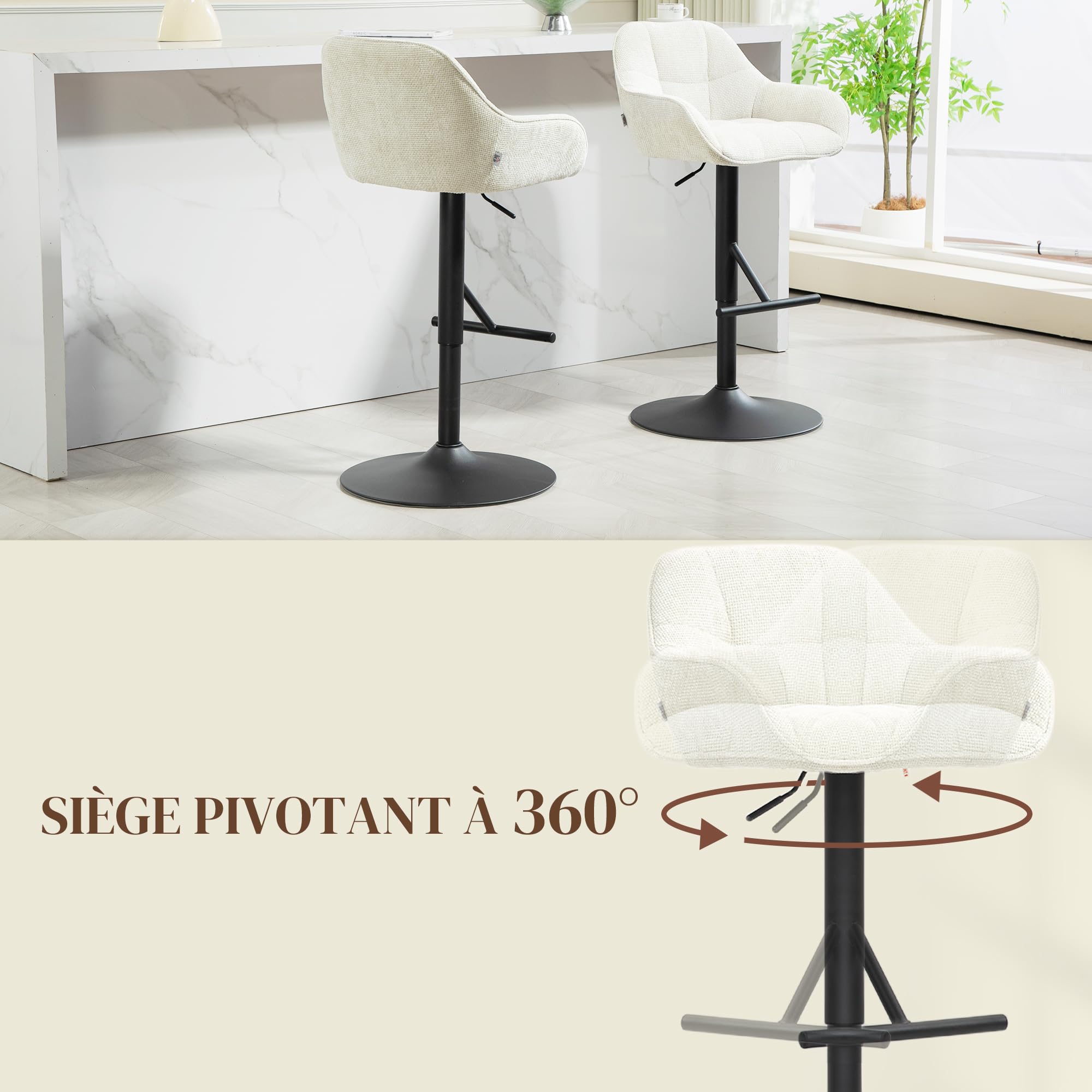 HOMCOM Lot de 2 Tabourets de Bar Hauteur Réglable Crème