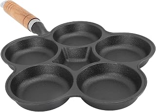 Mumusuki 5 Cup Egg Pan Nonstick, Cast Iron Omelette Skillet with Solid Wood Handle Fast Heating Breakfast Pan for Gas Stove