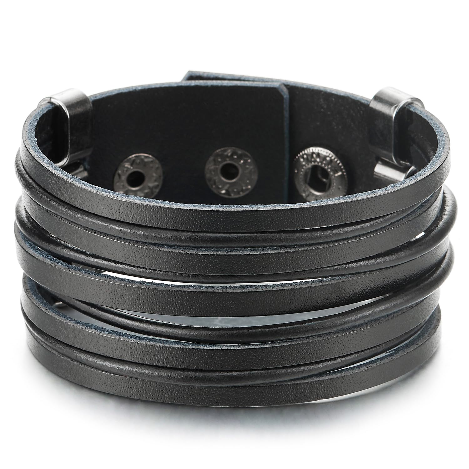 COOLSTEELANDBEYONDAncha Cuero Pulsera Negro, Hombre Mujer Multi-Hilo Cuero Pulsera del Abrigo con Snap Botón, Minimalista