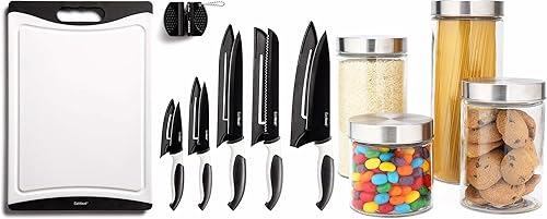 EatNeat 4 recipientes de vidrio con tapas de acero inoxidable y juego de 12 cuchillos y tabla de cortar, cuchillo de chef de acero inoxidable con