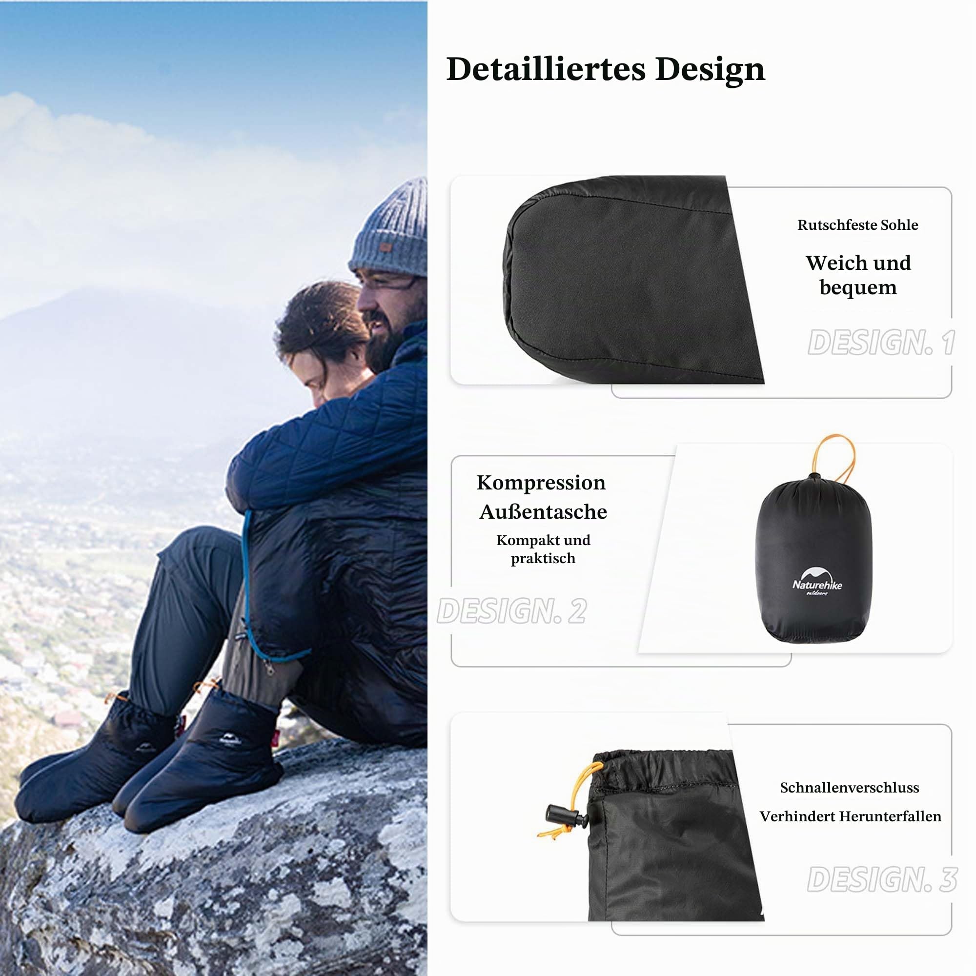 windhike Naturehike Fußhülle Ultraleichte Entendaunen Anti-Rutsch wasserdichte Schlafstiefel Socken Winter Hausschuhe Wärmer für Camping,Rucksackreisen,für Frauen Männer(Schwarz-L)
