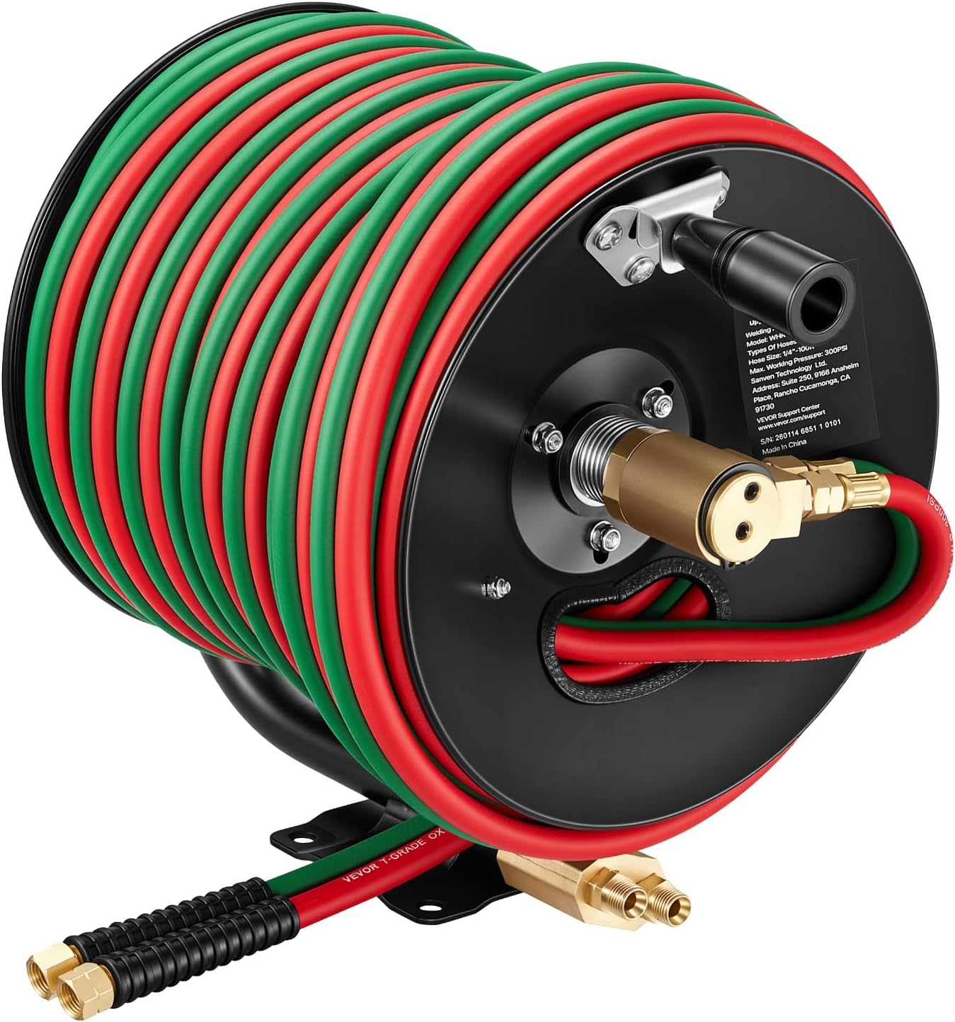 VEVOR Retractable Welding Hose Reel, Hand Crank Manual Rewind Hose Reel with 1/4 Inch x 100FT Twin Oxygen Acetylene Rubber Hose Max 300PSI - T Grade, Ceiling/Wall Mount Steel Reel for Workshop Garages