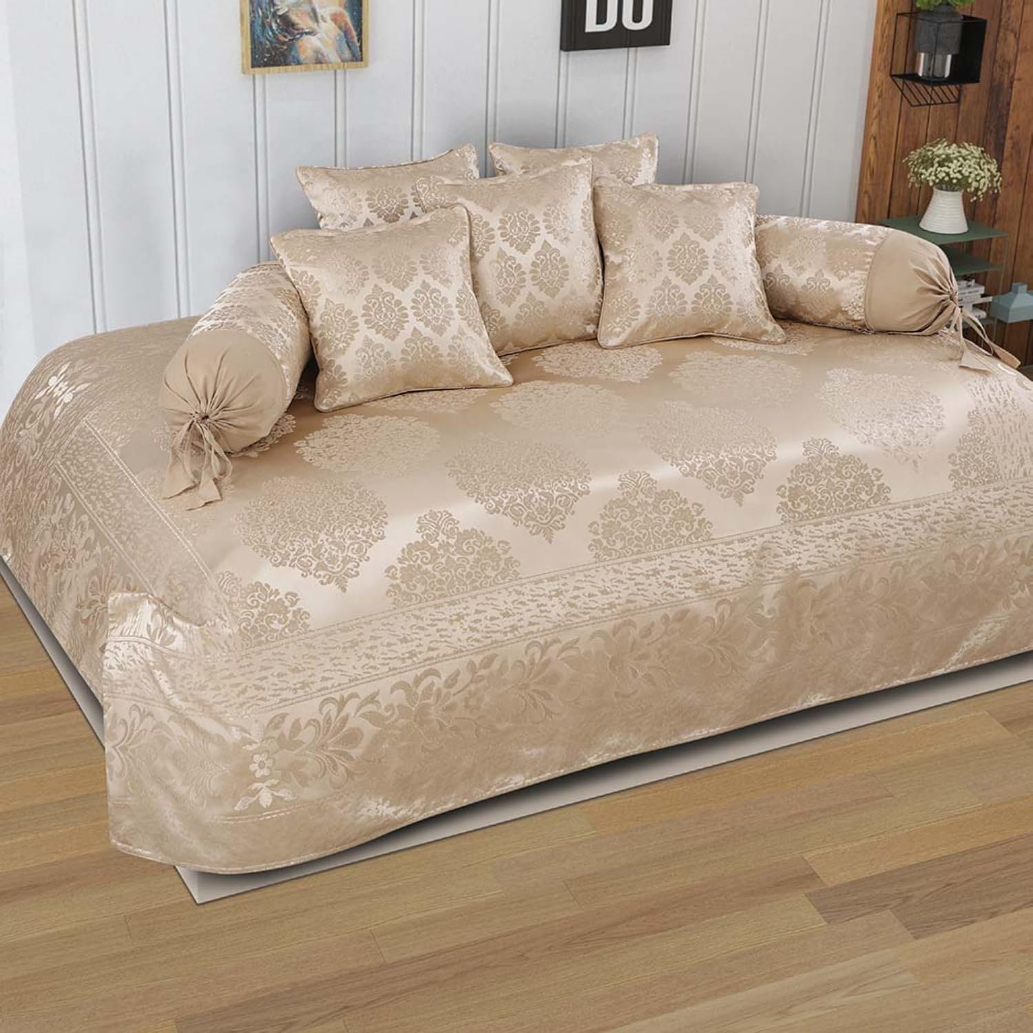 Victor Polycotton Styria Satin Diwan Set 8 Pcs (1 Bed Cover - 60"x90", 2 Bolsters - 16" x 32" & 5 Cushion Covers - 16" x 16") Damask Geometrical Pattern, Exclusive for Wedding, Fawn-picture-13