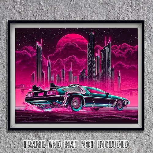 Miniatura 8 de Regreso al presente - Impresión Cyberpunk DeLorean de 11 x 14 sin marco, póster retro futurista de ciudad de neón, arte futurista para viajar en el