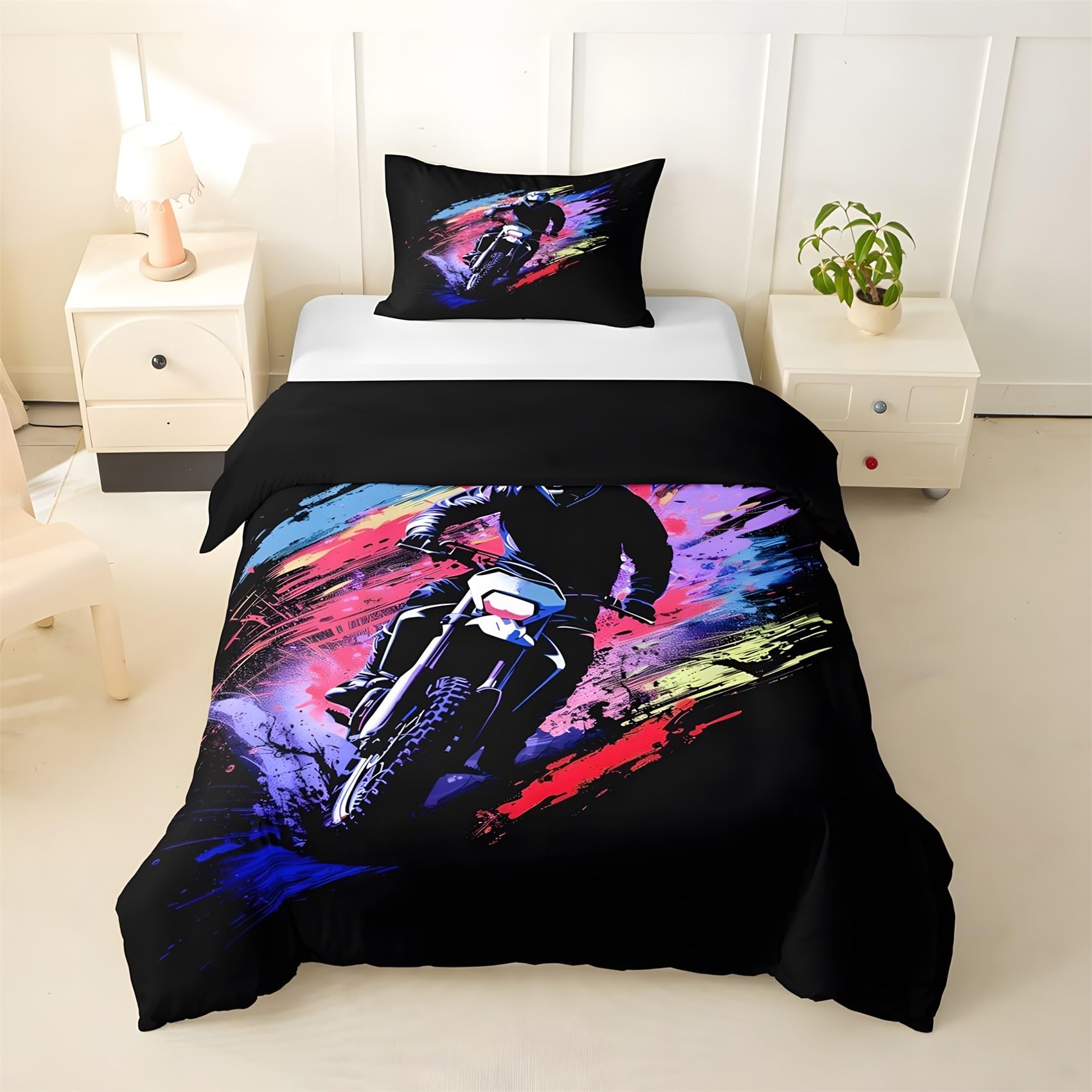 Housse de couette 200x200 moto violette avec 2 taies d'oreiller 65x65 en microfibre doux