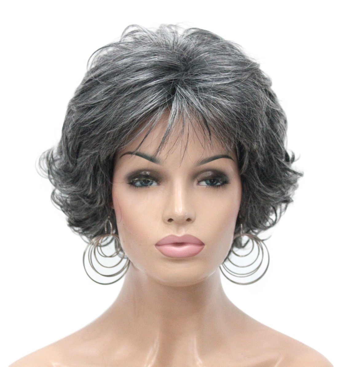 Kalyss Grey Curly Wig with Bangs for Mature Women Glueless Natural Fluffy Gray