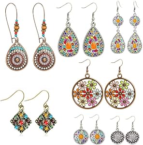 7 Boucles d'oreilles Bohemian Vintage Dangle - Déclaration Bijoux Boho - Boucles d'oreilles Retro Strasstone Stud pour femmes, dames, filles