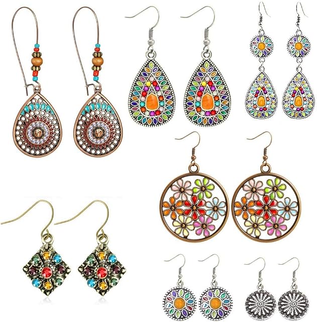 7 Boucles d'oreilles Bohemian Vintage Dangle - Déclaration Bijoux Boho - Boucles d'oreilles Retro Strasstone Stud pour femmes, dames, filles